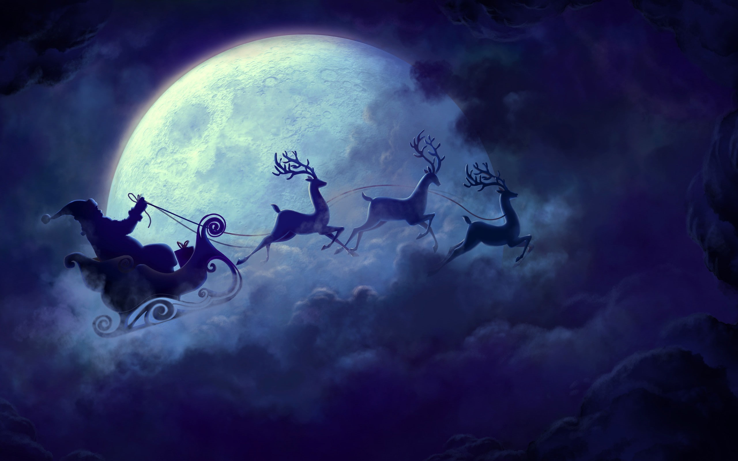 Christmas, sleigh, santa, clouds, 2K, Christmas sleigh, Moon, reindeer, Santa Claus, HD Wallpaper