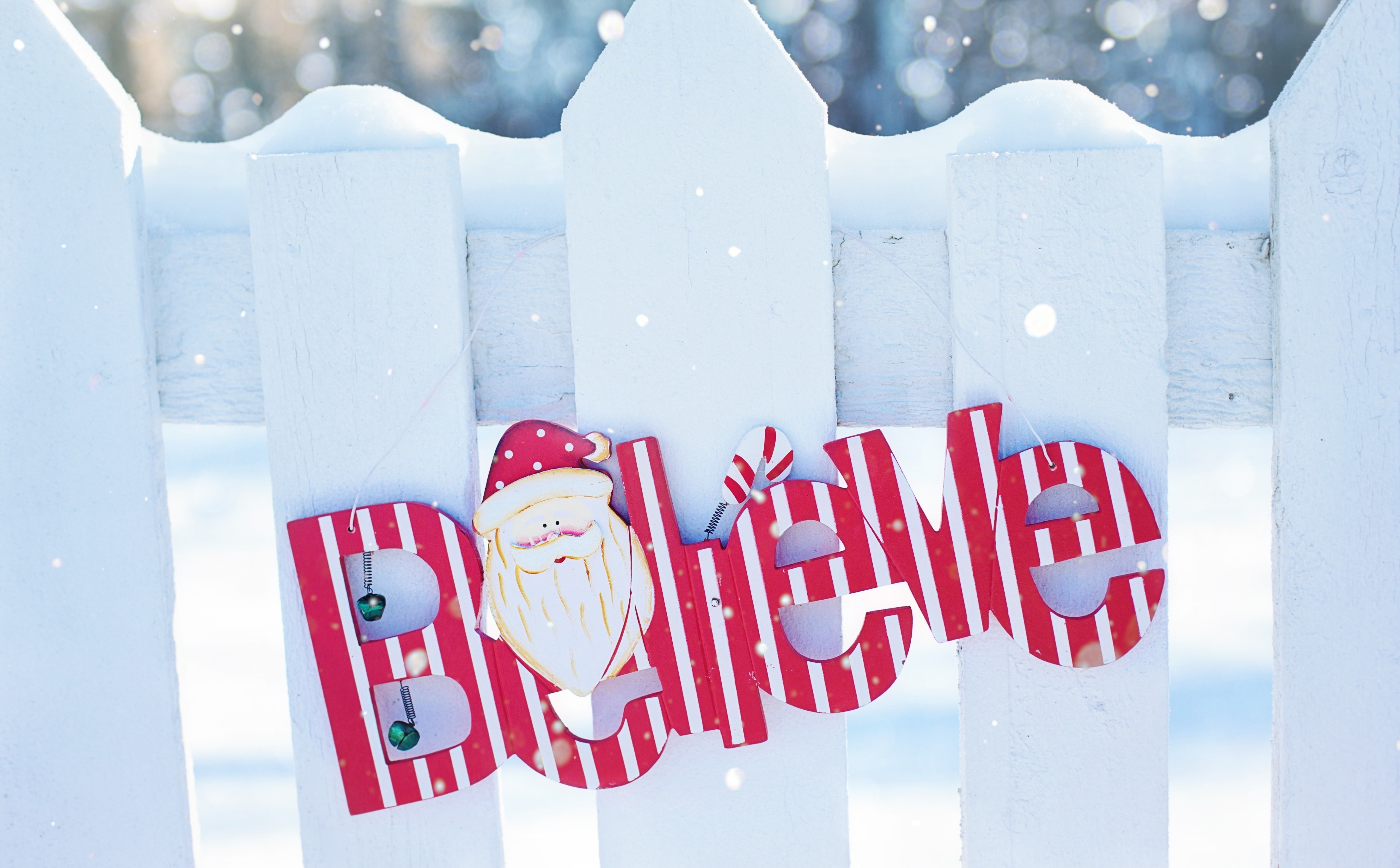 MerryChristmas, Celebrate, WhiteFence, Outdoor, close-up, outdoors, capital letter, day, communication, text, Santa, Snowy, focus on foreground, Decoration, HD Wallpaper