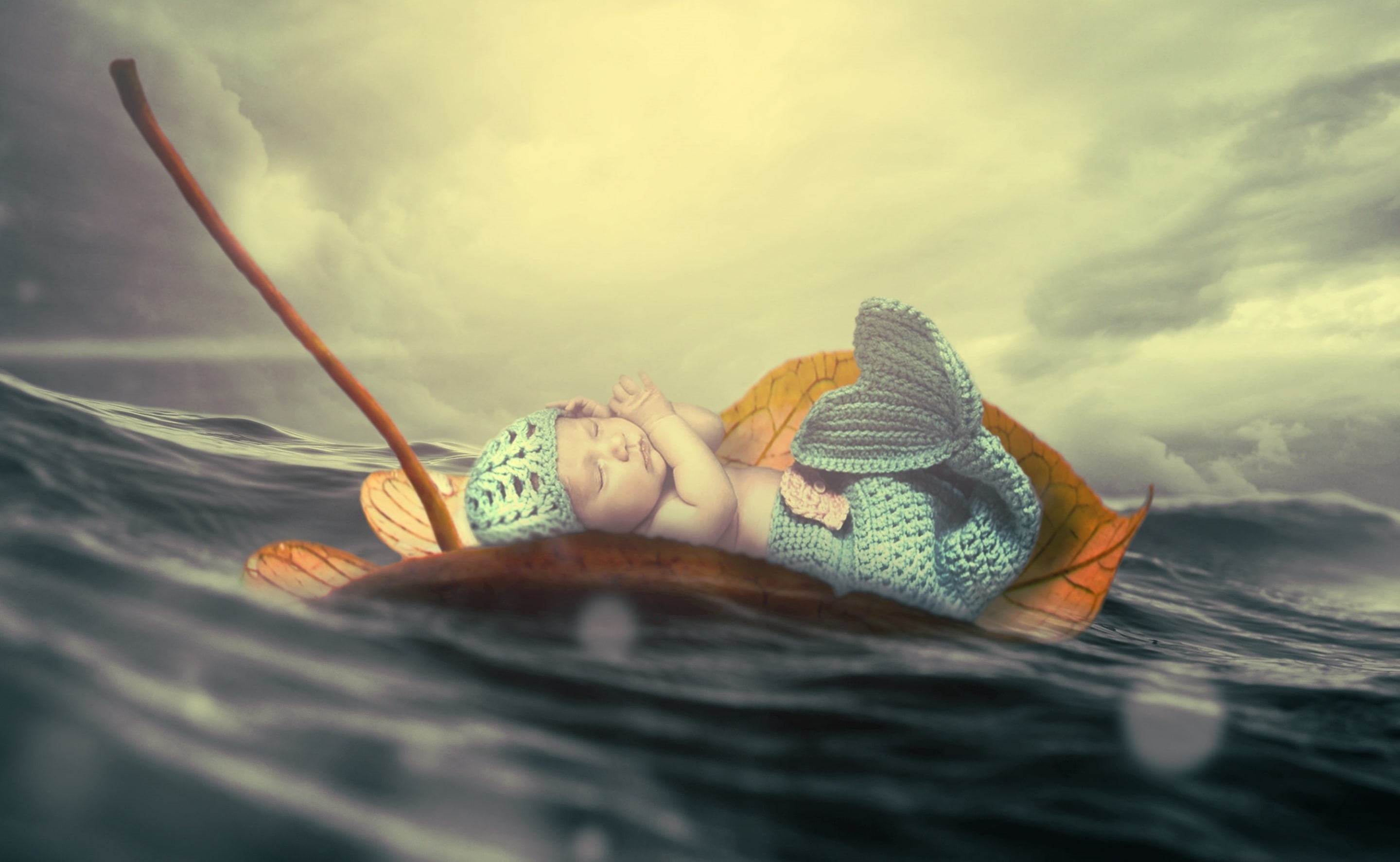 adult, photomanipulation, sky, women, Cute, lifestyles, outdoors, Newborn, Mermaid, nature, lying down, hat, cloud - sky, Fantasy, sea, surreal, Ocean, HD Wallpaper