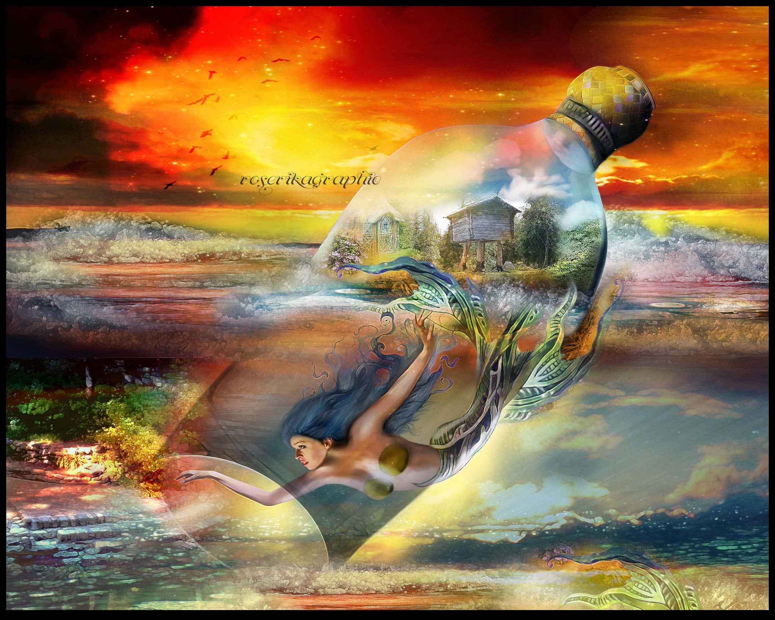 la, creative-pre--made, photomanipulation, girls, weird-things-people-wear, la-sirene-bouteille, model, 1080P, bouteille, sirene, siren, HD Wallpaper