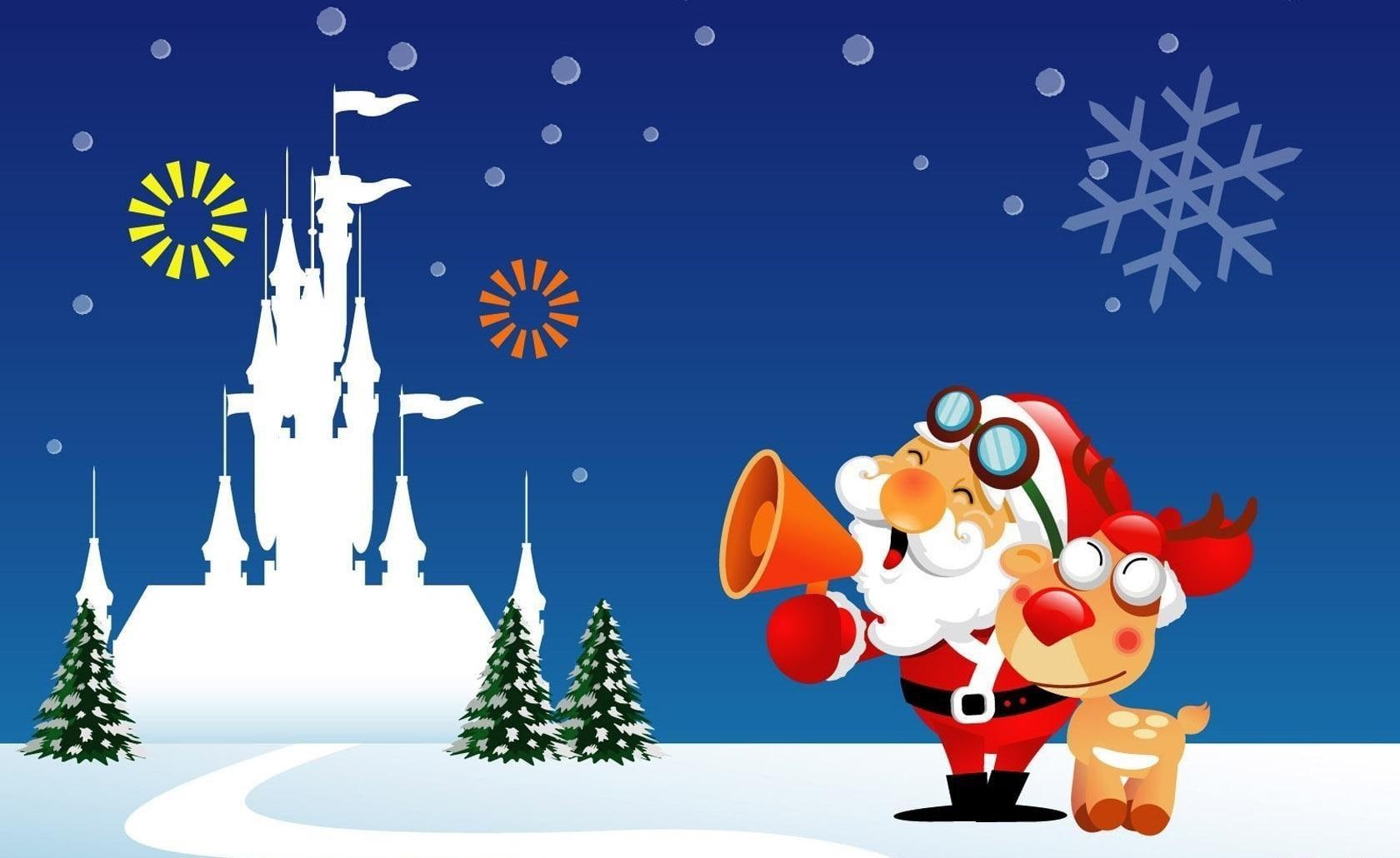 reindeer, holiday, christmas trees, horn, santa claus, christmas, 720P, trees, claus, santa, castle, HD Wallpaper