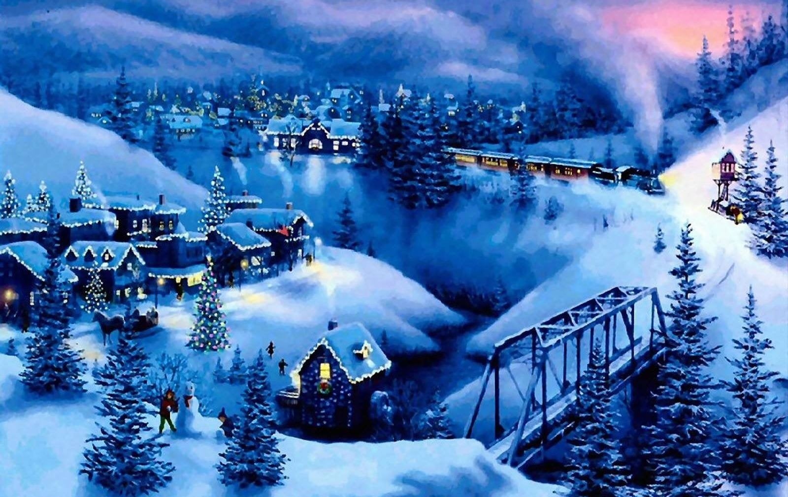 architecture, water, 720P, built structure, day, painting, mountain, tree, scenics - nature, village, building exterior, beauty in nature, Christmas, railing, HD Wallpaper