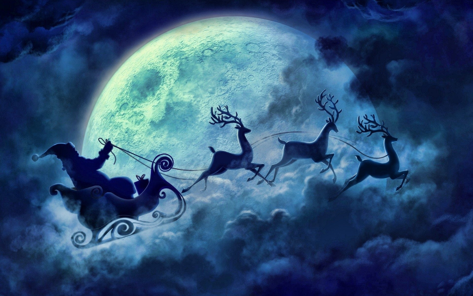 Reindeer, Flying, Christmas, Night, 1080P, Sleigh, Holiday, Moon, Santa, HD Wallpaper