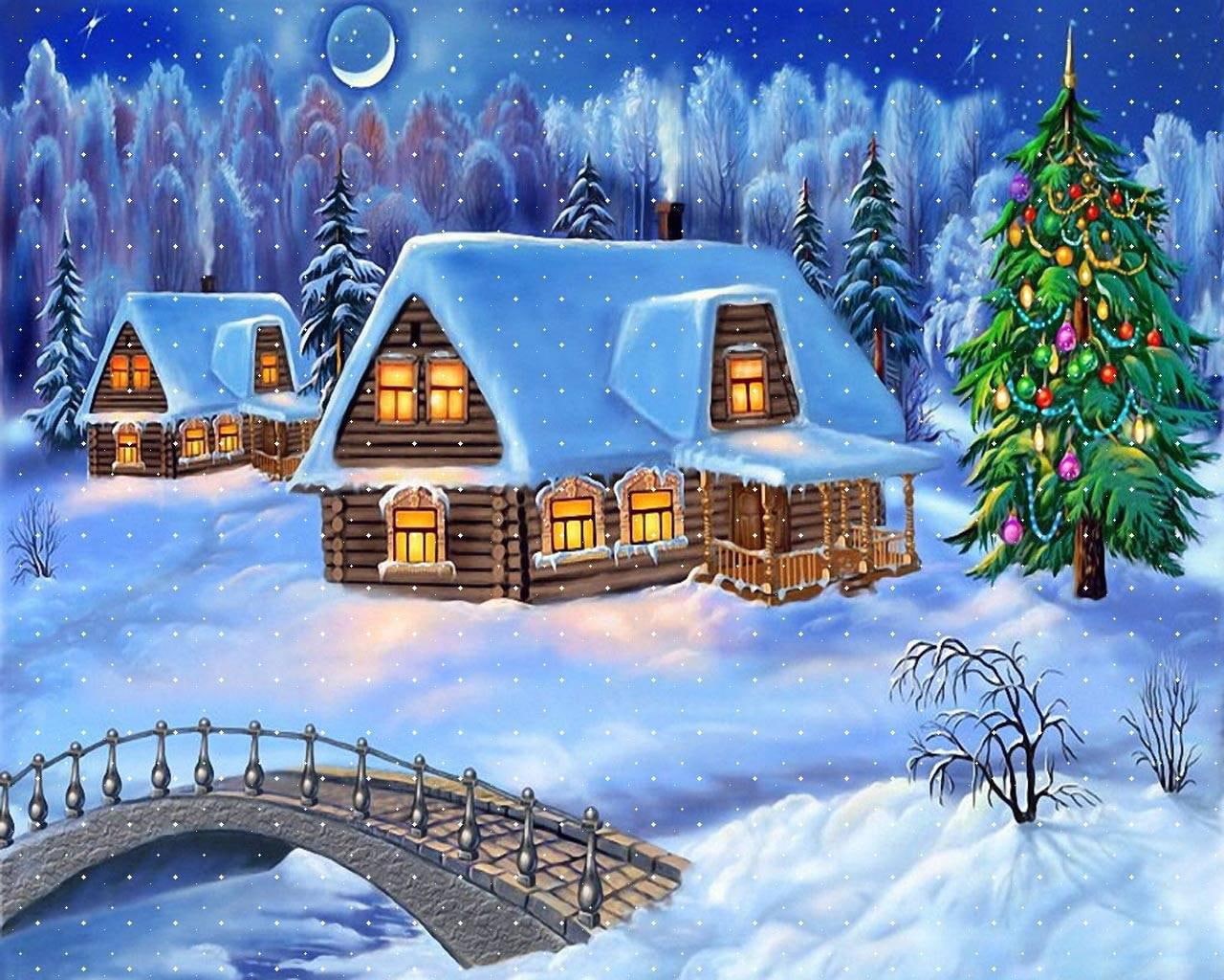 winter, christmas, new, fur-tree, 720P, house, tree, new year, card, fur, year, snow, bridge, HD Wallpaper