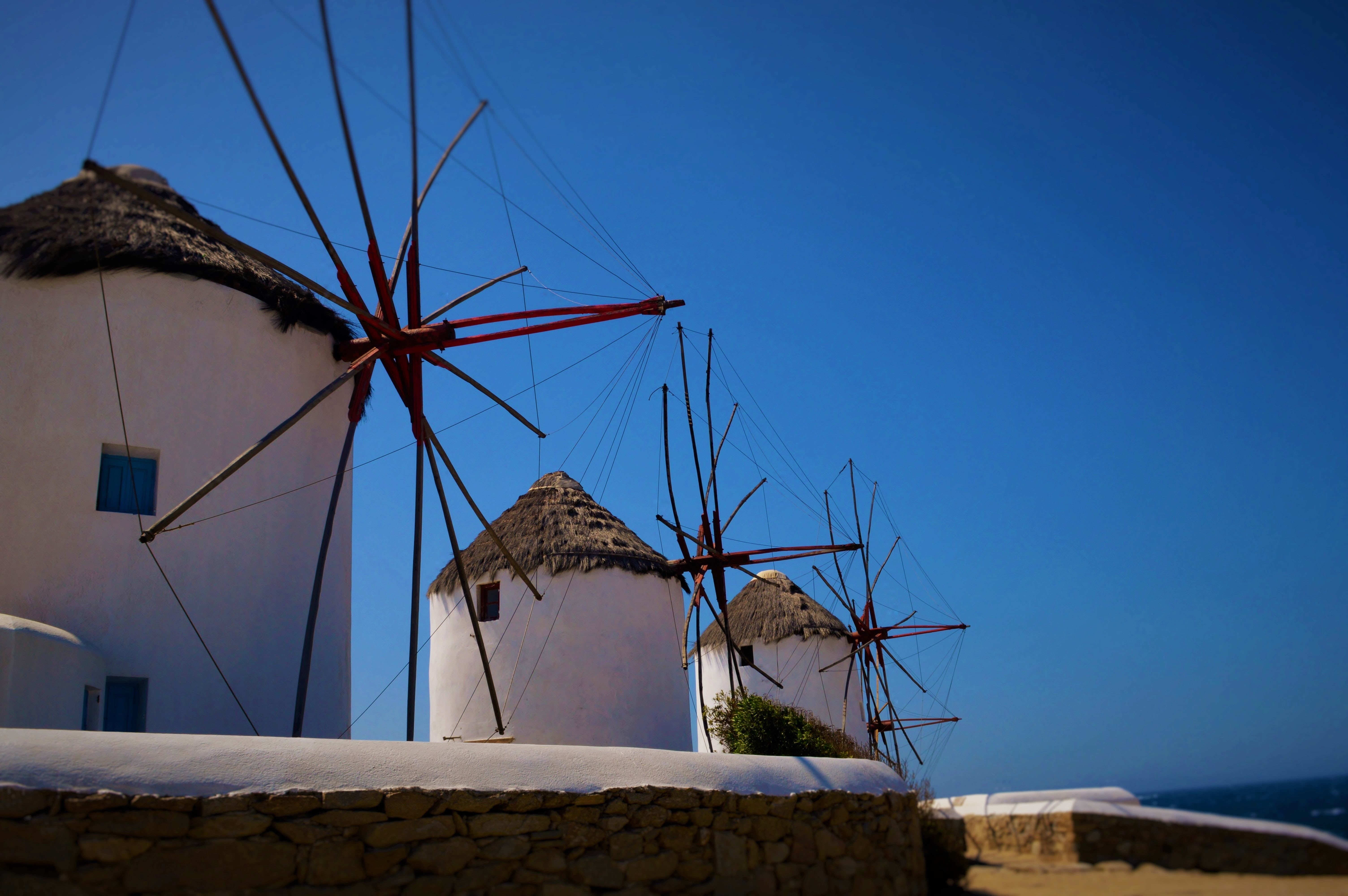 three, technology, building exterior, mediterranean Sea, europe, village, windmills, turbine, greek Culture, famous, wind power, blue, wind turbine, sailboat, HD Wallpaper