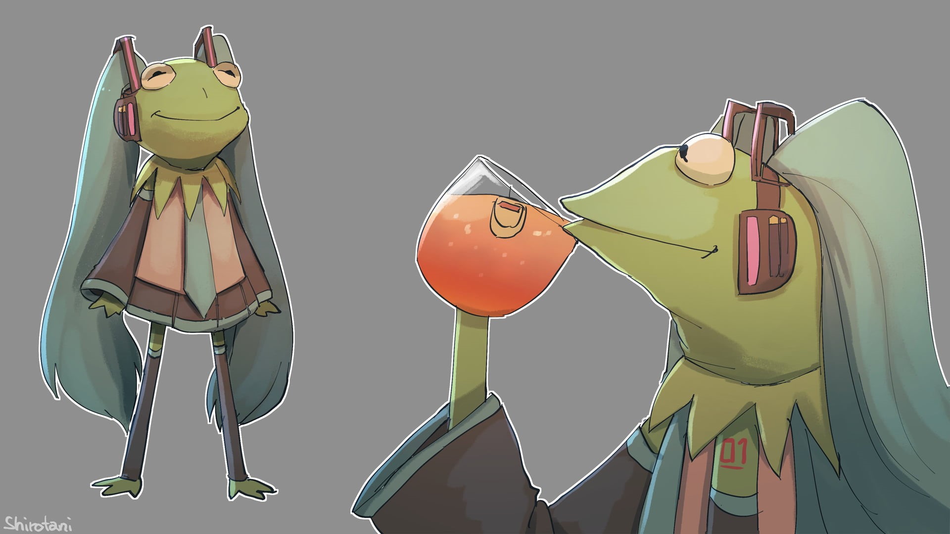 drawing, 1080P, humor, cartoon, Hatsune Miku, teaceremony, manga sketch, Kermit the Frog, HD Wallpaper