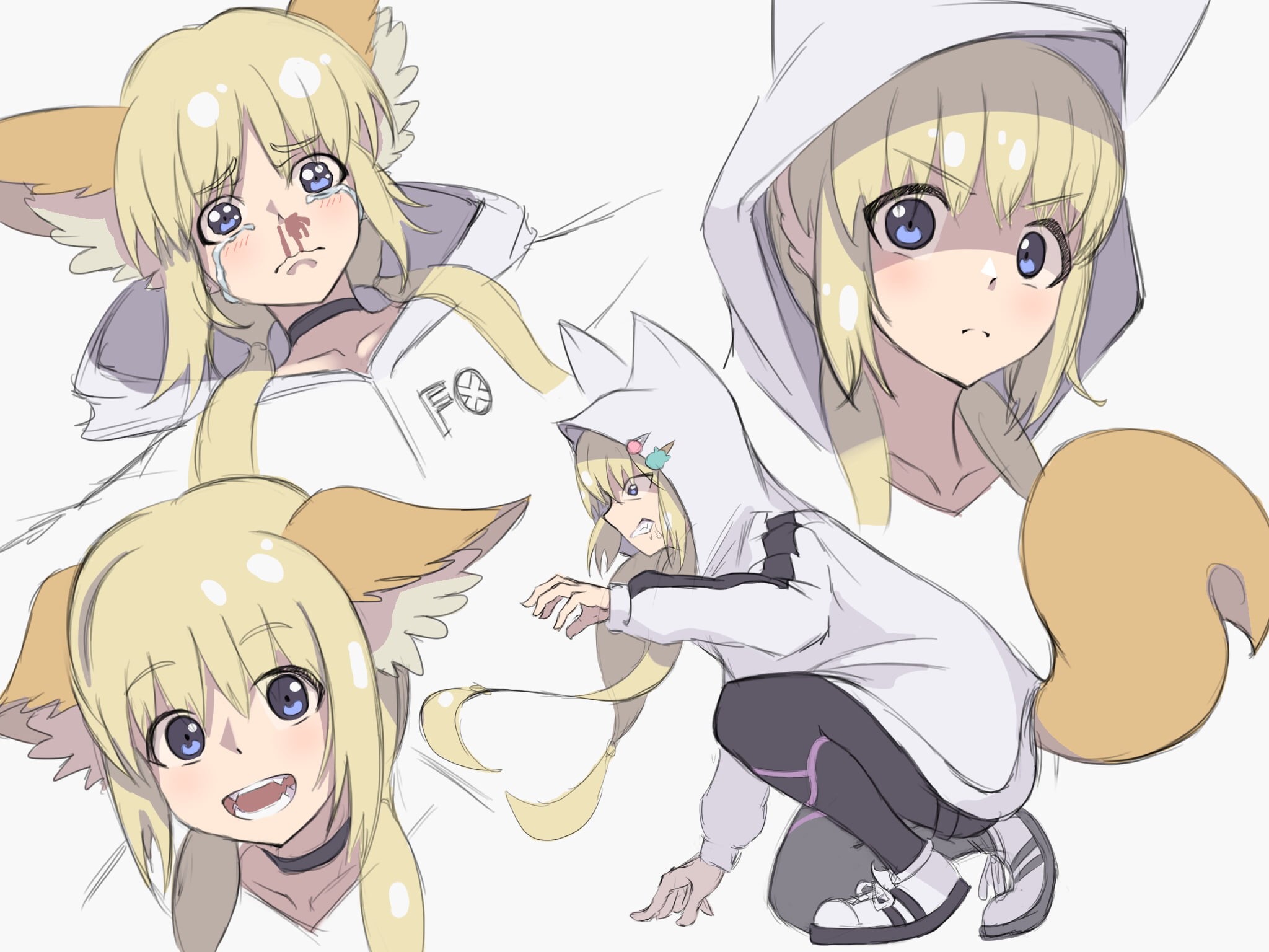 fangs, Kon (Kemono Jihen), parted lips, fox girl, white jacket, anime girls, fan art, blushing, kitsunemimi, blond hair, thighs, injured, 1080P, long hair, HD Wallpaper