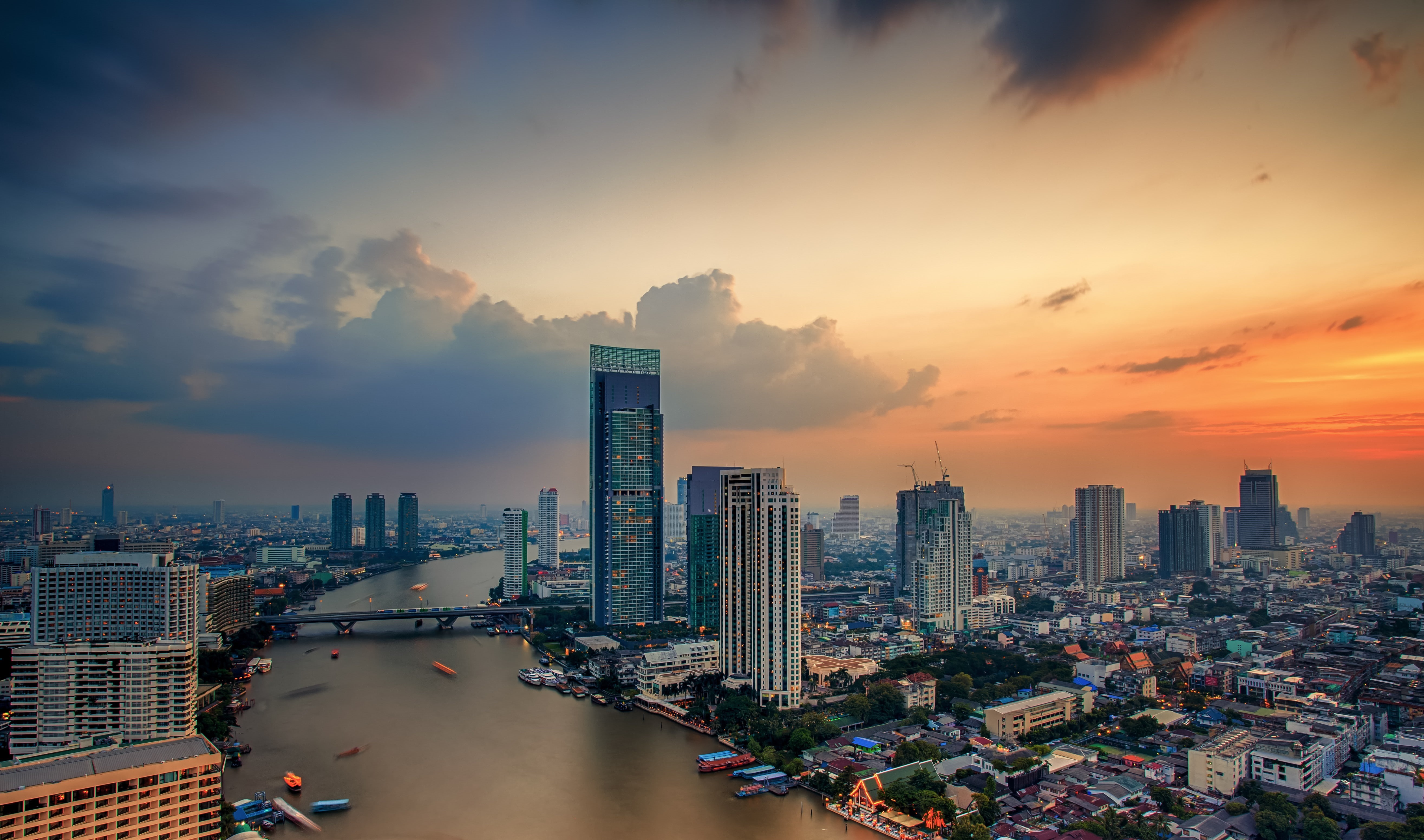 5K, clouds, city, architecture, Thai, sky, river, perspective, landscape, Bangkok, town, Thailand, building, HD Wallpaper