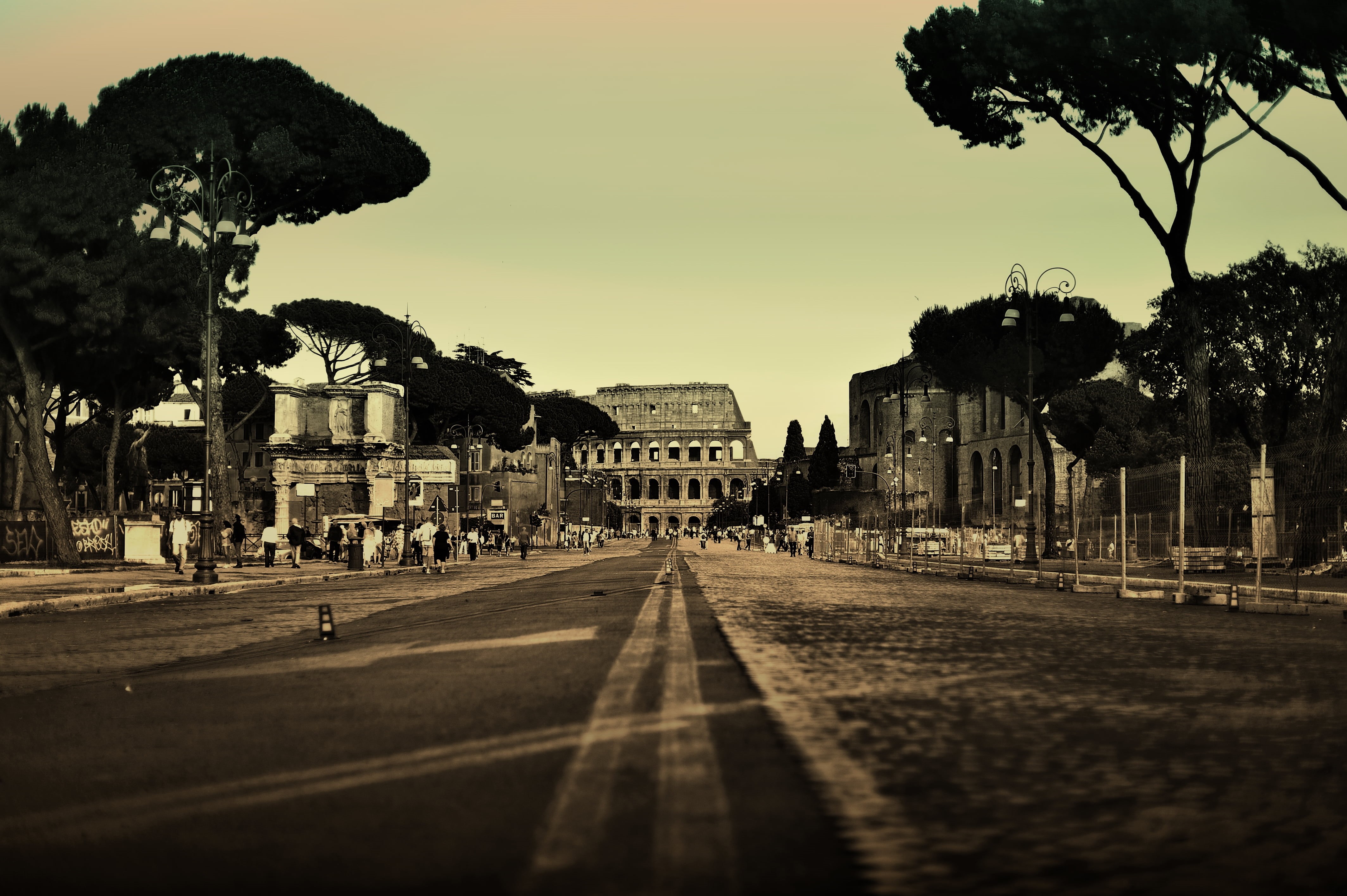 black And White, old-fashioned, urban Scene, old, sepia Toned, direction, cultures, trees, the way forward, marking, rome, building Exterior, colosseum, HD Wallpaper