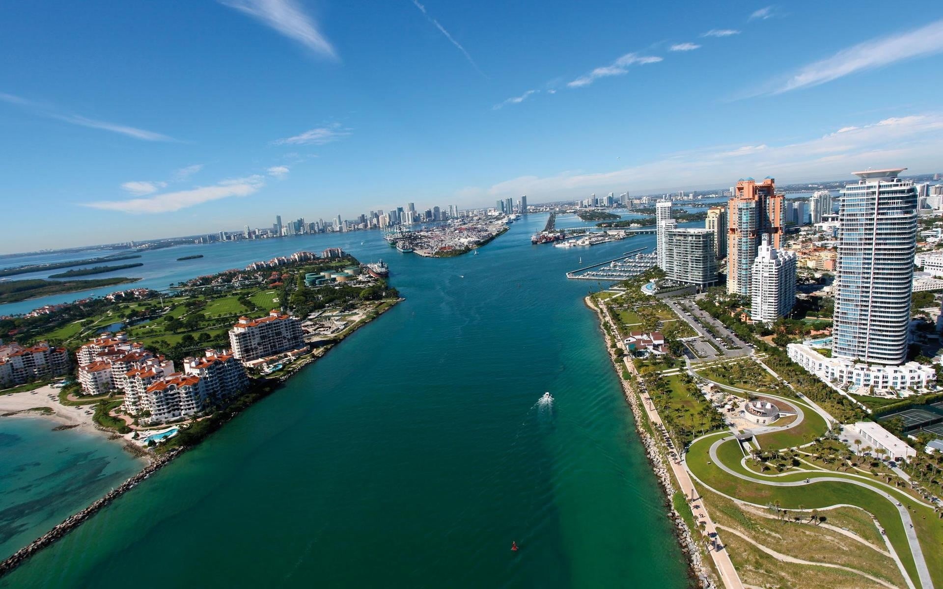 cityscape, travel, bay, building exterior, architecture, luxury, nature, city, residential district, outdoors, 1080P, aerial view, Miami, no people, building, HD Wallpaper