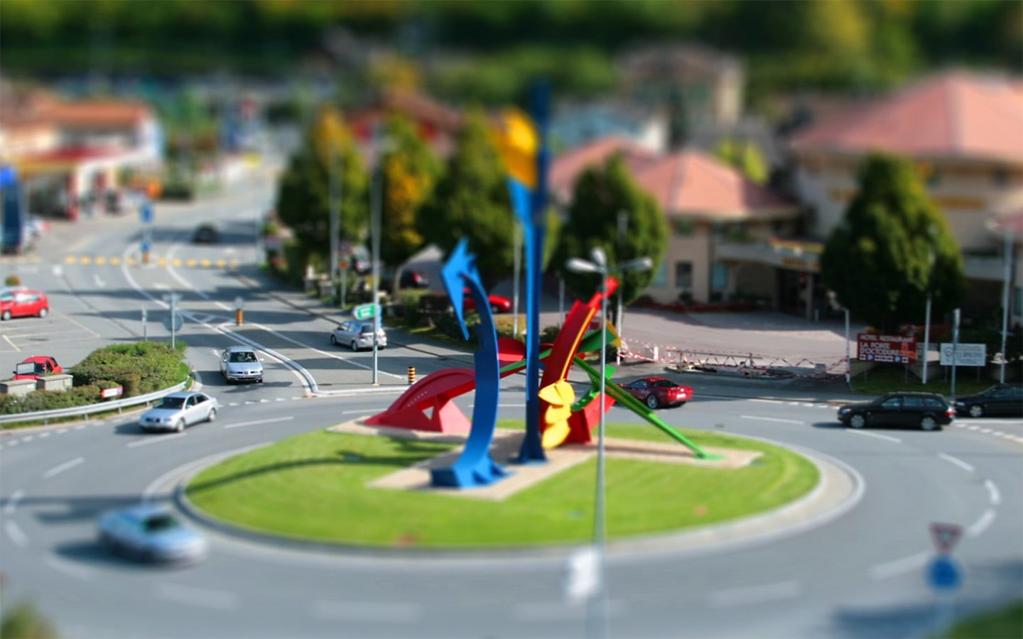 people, mode of transportation, city life, road, motor vehicle, shift, transportation, traffic circle, day, tilt shift, nature, no people, multicolored, HD Wallpaper