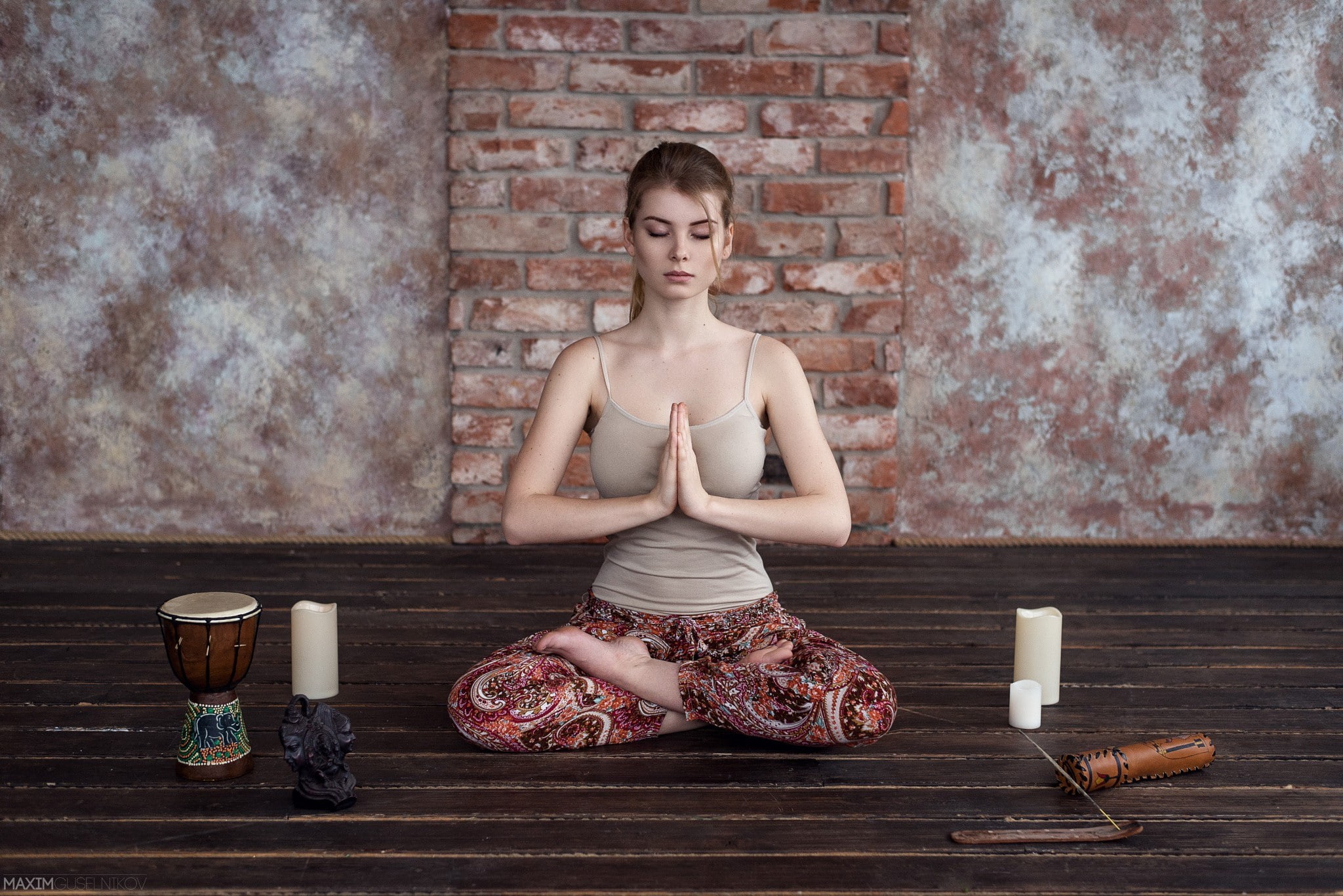 wall, Irina Popova, bricks, legs crossed, yoga, pale, tank top, drums, Maxim Guselnikov, brunette, women, candles, 1080P, closed eyes, meditation, on the floor, HD Wallpaper