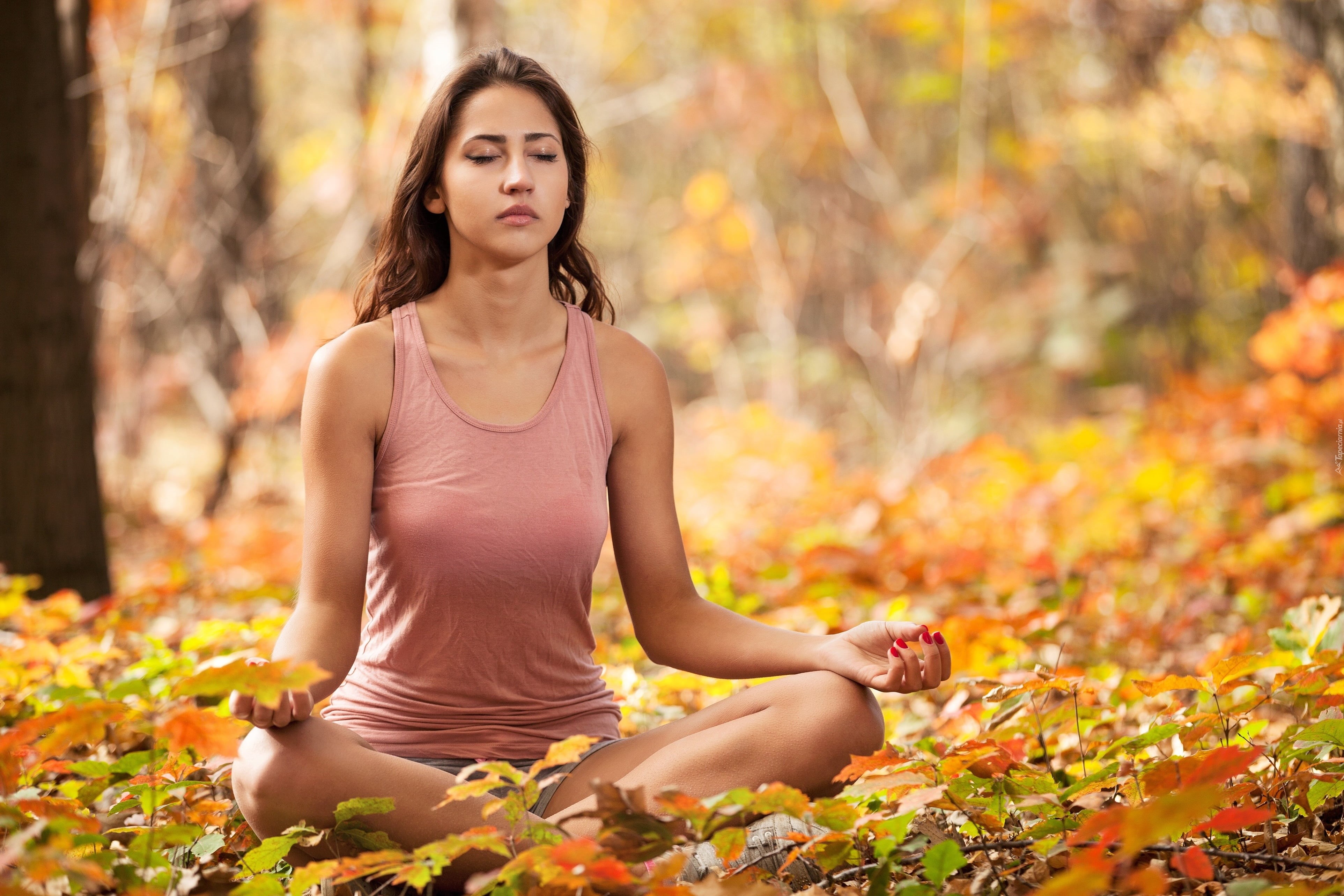 yoga, brunette, red nails, nature, goosebumps, closed eyes, sitting, women, 4K, tank top, trees, leaves, landscape, fall, bare shoulders, long hair, meditation, HD Wallpaper
