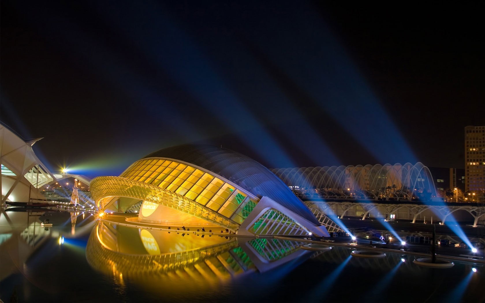 night, building, dome, building exterior, sky, 720P, skyscraper, landmark, transportation, hotel, Spain, reflection, office building exterior, glowing, HD Wallpaper