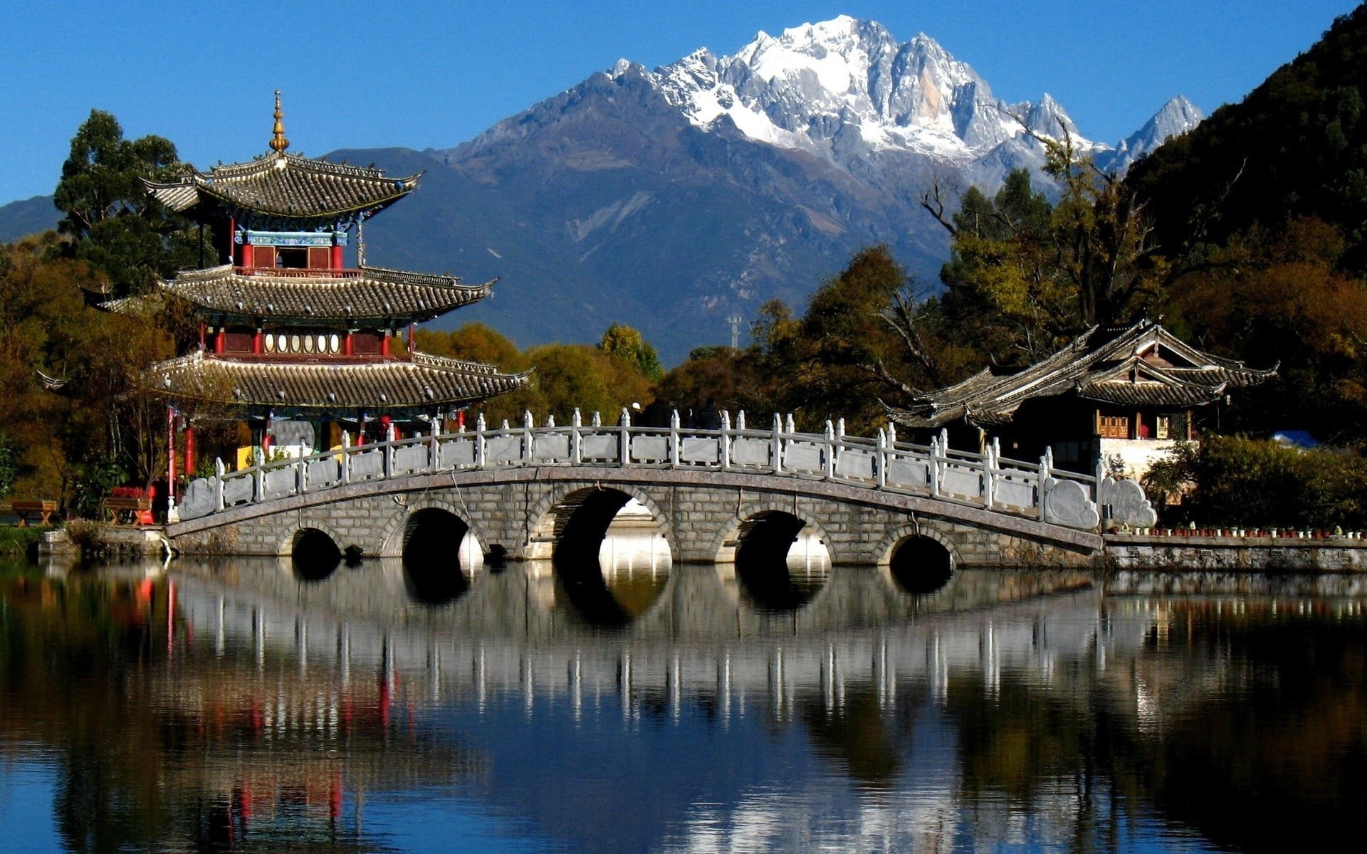 pagoda, plant, no people, bridge, connection, mountain, water, bridge - man made structure, tree, building exterior, mountain range, waterfront, building, HD Wallpaper