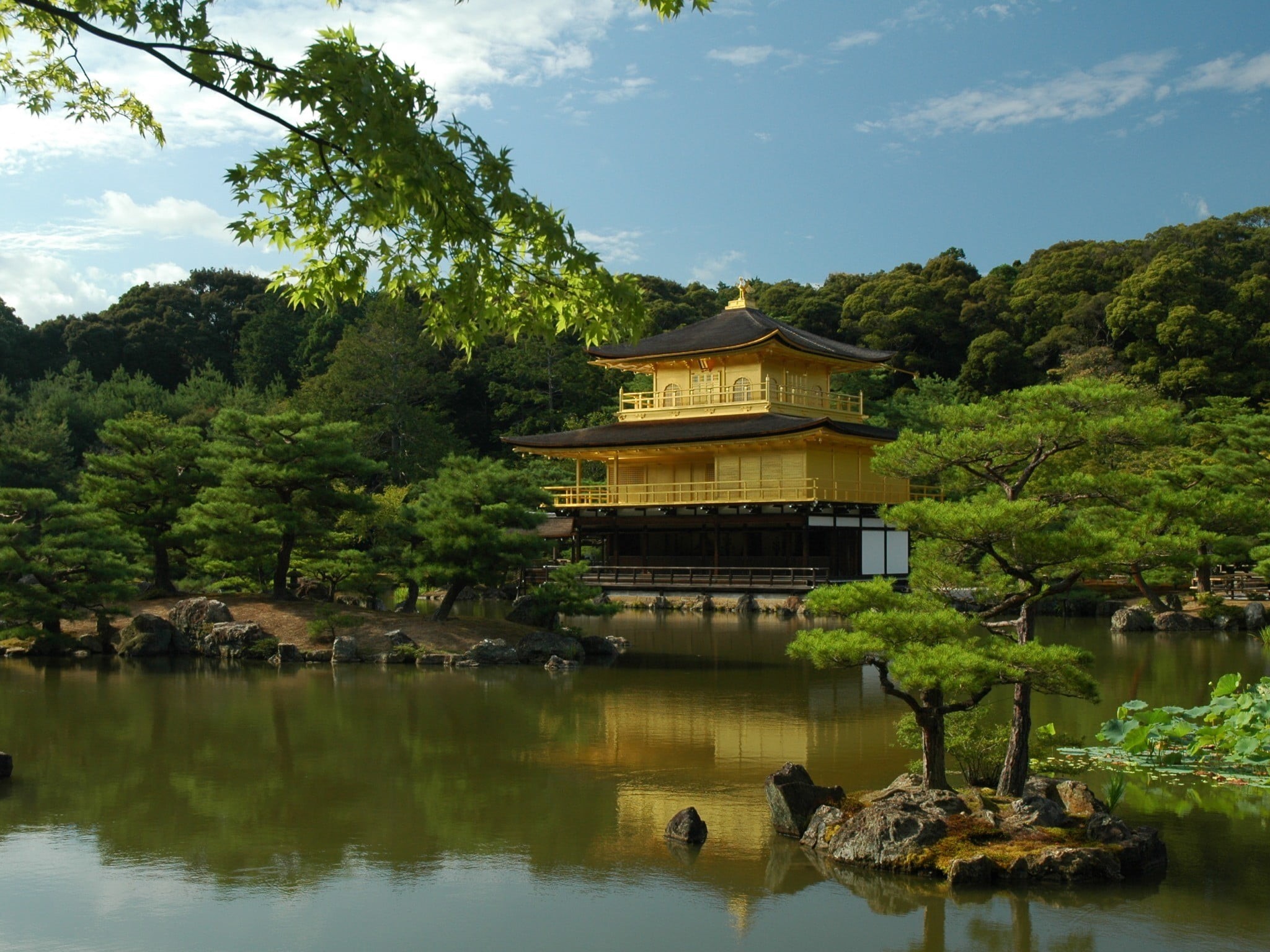 yellow, lake, belief, cloud - sky, building exterior, built structure, spirituality, 1080P, religion, day, no people, waterfront, pagoda, nature, tree, HD Wallpaper