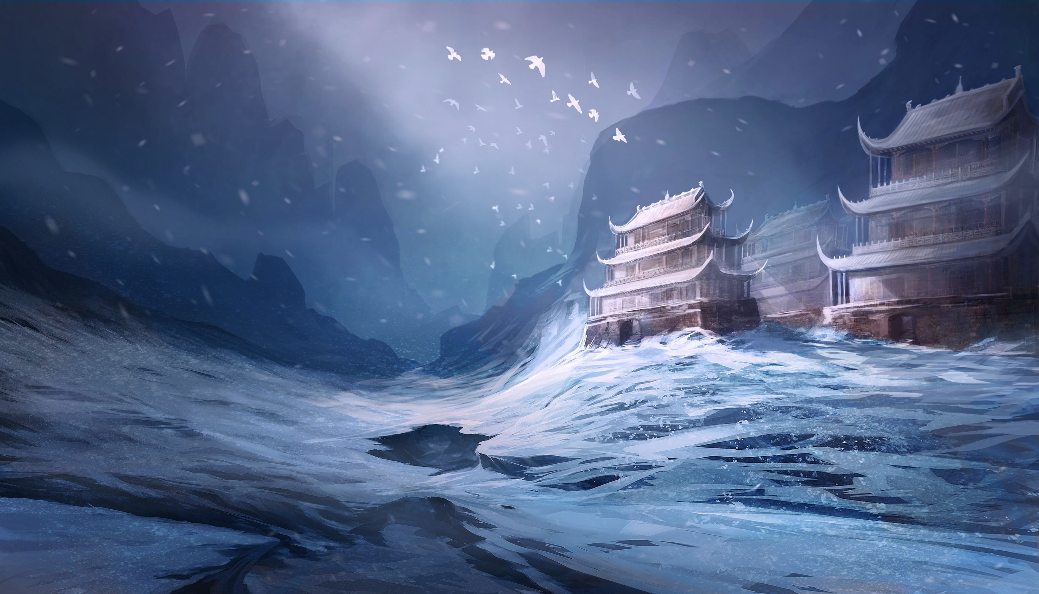 rock, beauty in nature, no people, brown, architecture, snow, scenics - nature, outdoors, power in nature, waterfront, sky, birds, frozen, fantasy art, HD Wallpaper