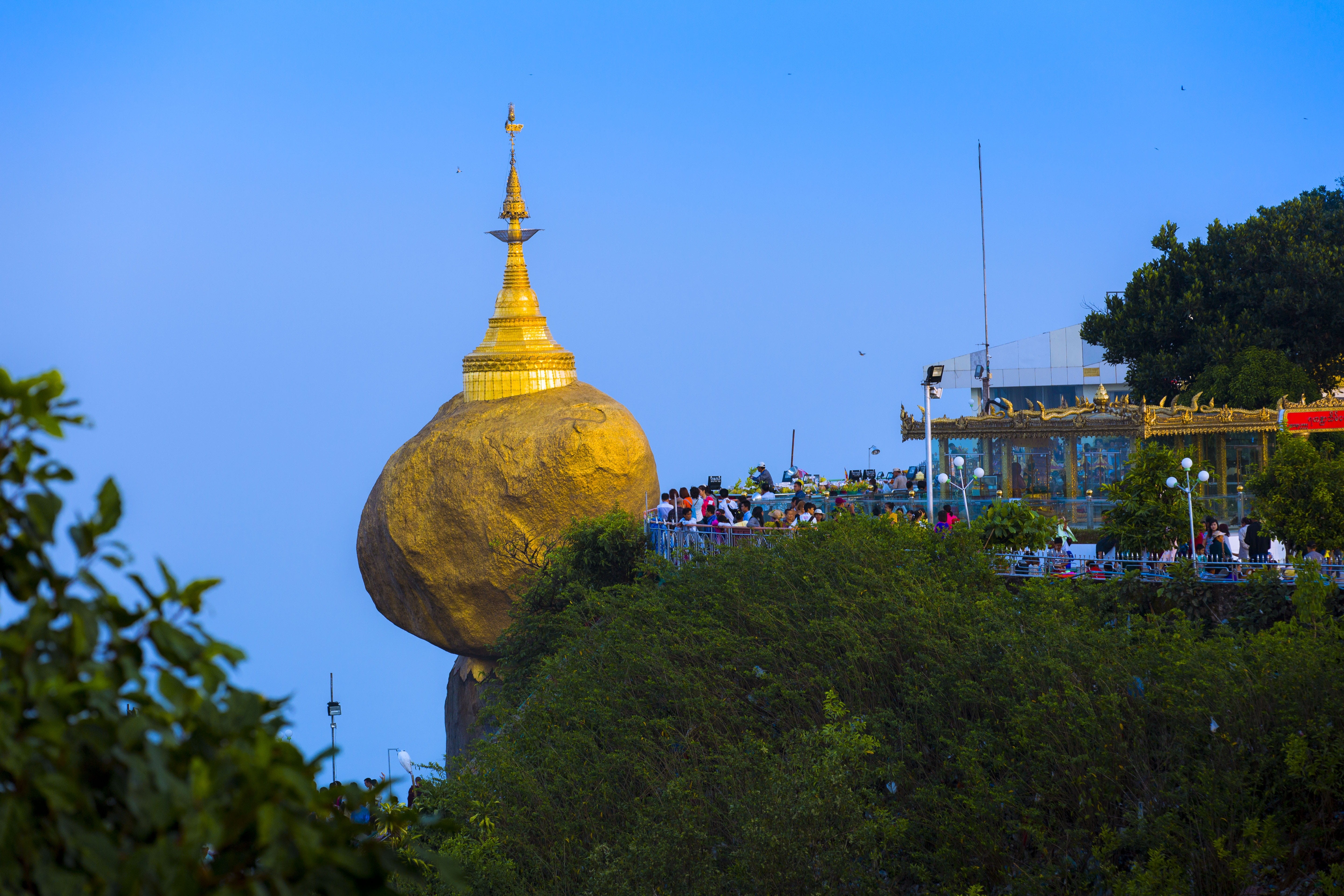 tower, building, blue, temple, clear sky, plant, nature, yangon, landmark, golden, burma, religion, tree, sky, building exterior, buddhism, pagoda, no people, HD Wallpaper