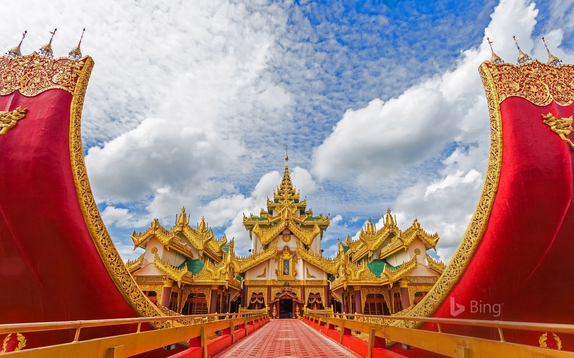 outdoors, building exterior, desktop, cloud - sky, 1080P, sky, low angle view, built structure, karaweik, place of worship, spirituality, building, myanmar, HD Wallpaper