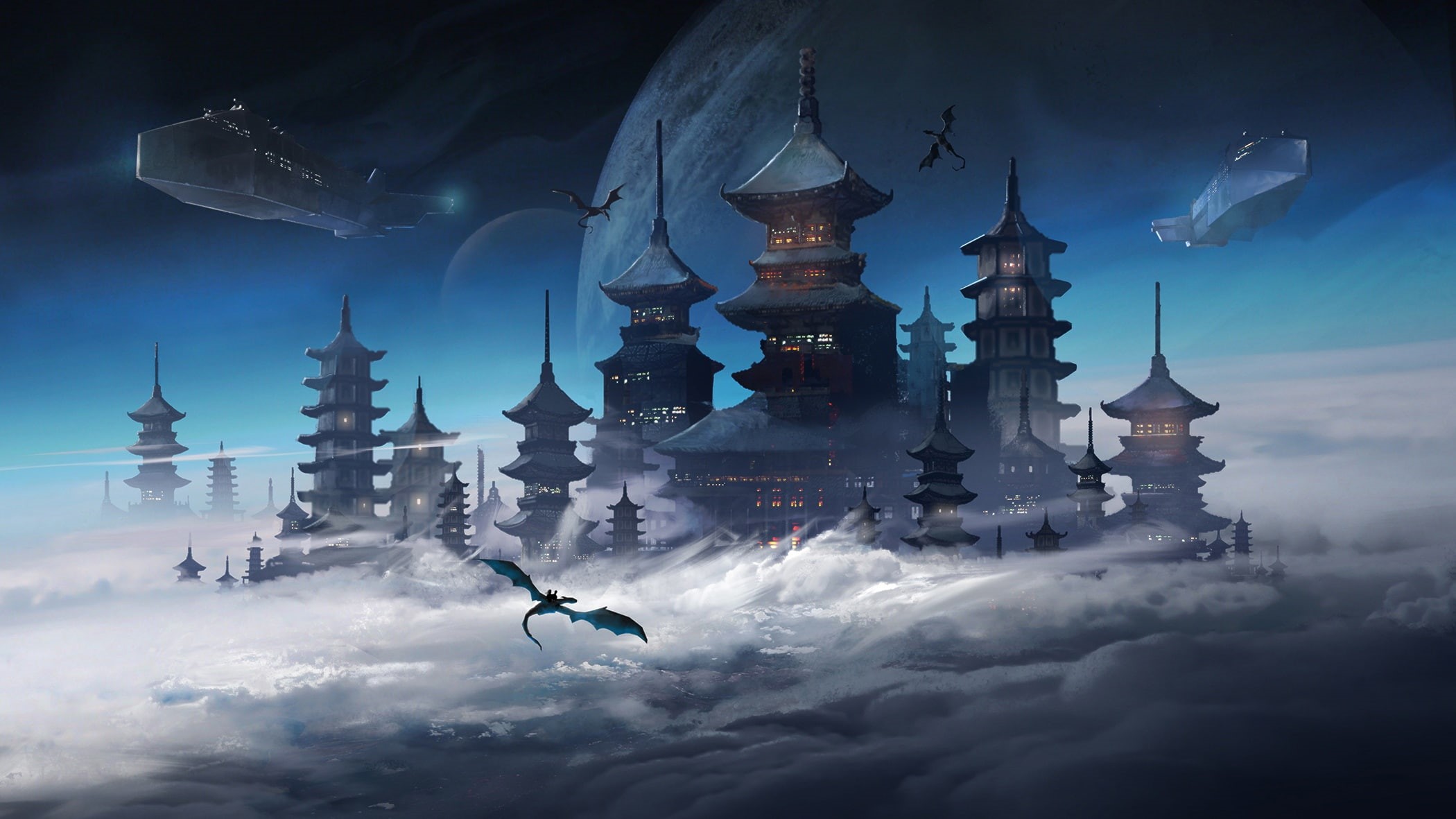 Asian architecture, science fiction, digital art, space, spaceship, planet, clouds, castle, fantasy art, dragon, pagoda, Jordan Grimmer, futuristic, 1080P, HD Wallpaper