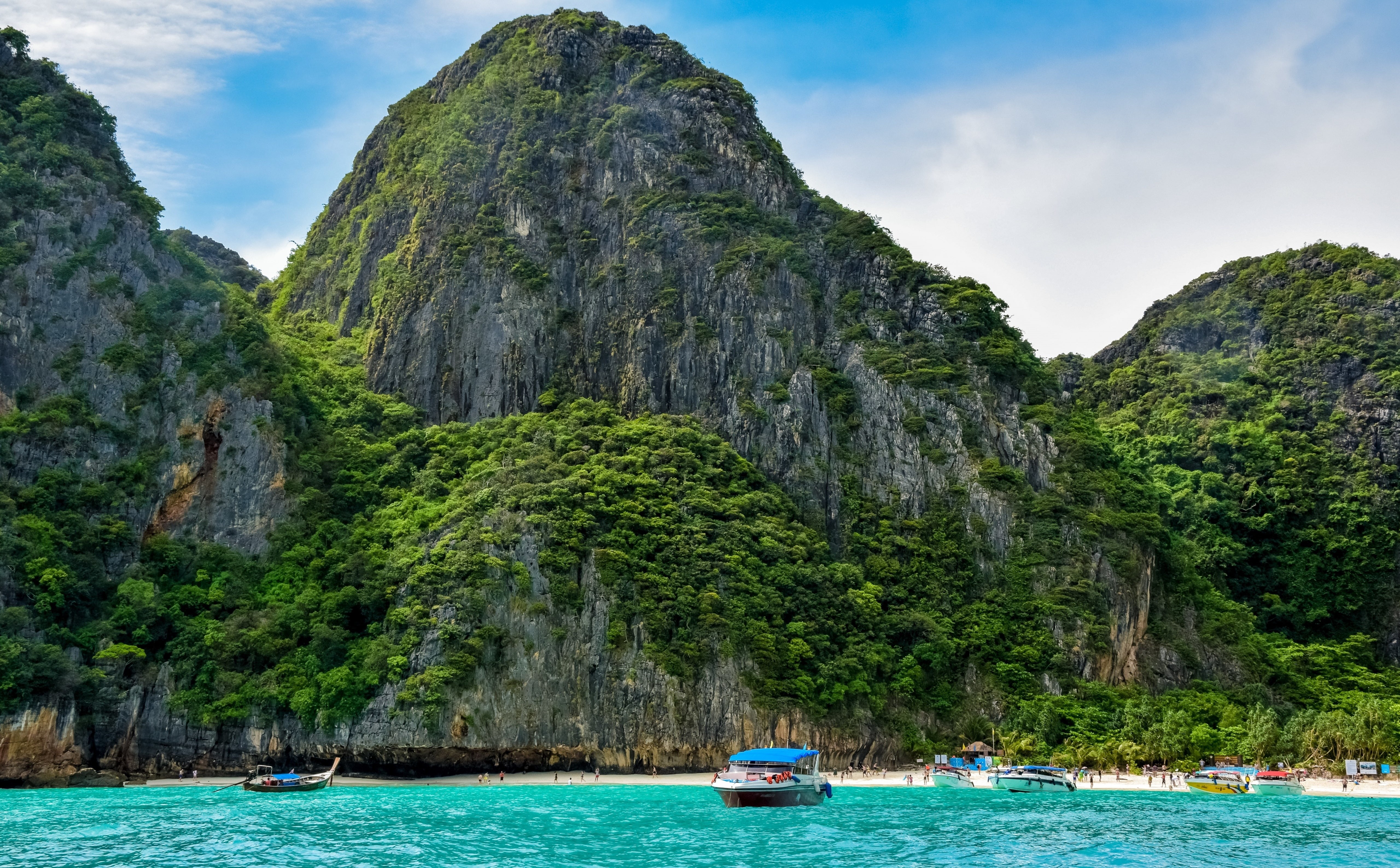 waterscapes, scenics - nature, Exotic, Paradise, tree, Mountains, rock formation, Clear, Turquoise, beauty in nature, Travel, Islands, Boats, mode of transportation, HD Wallpaper