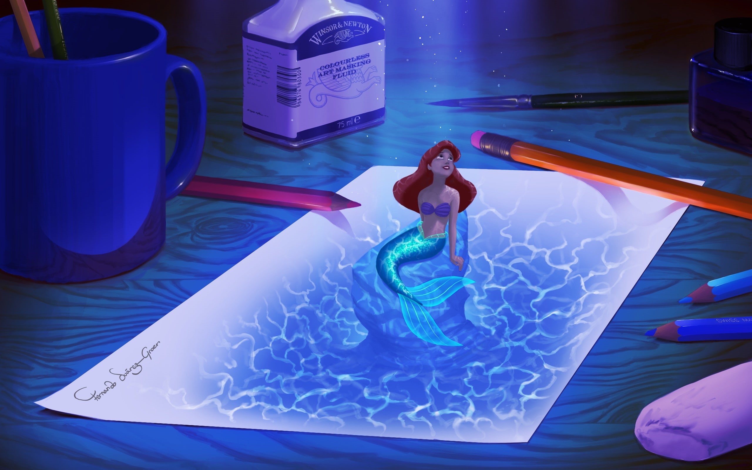 2K, drawing, little, mermaid, the, paper, ariel, fantasy, hd, HD Wallpaper