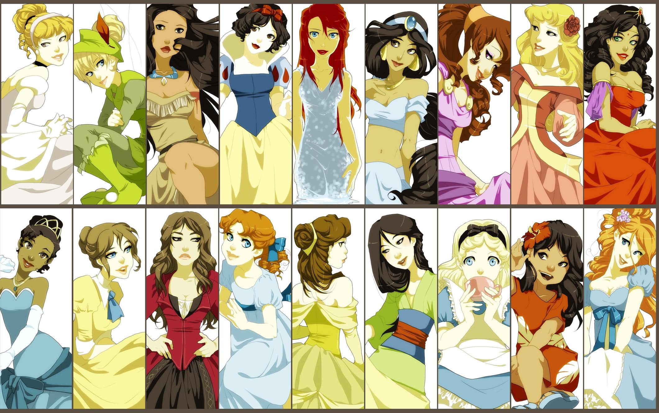 disney snow white alice in wonderland tinkerbell sleeping beauty jasmine aladdin pocahontas cinderella beauty and the beast tarzan, crowd, full frame, collection, HD Wallpaper