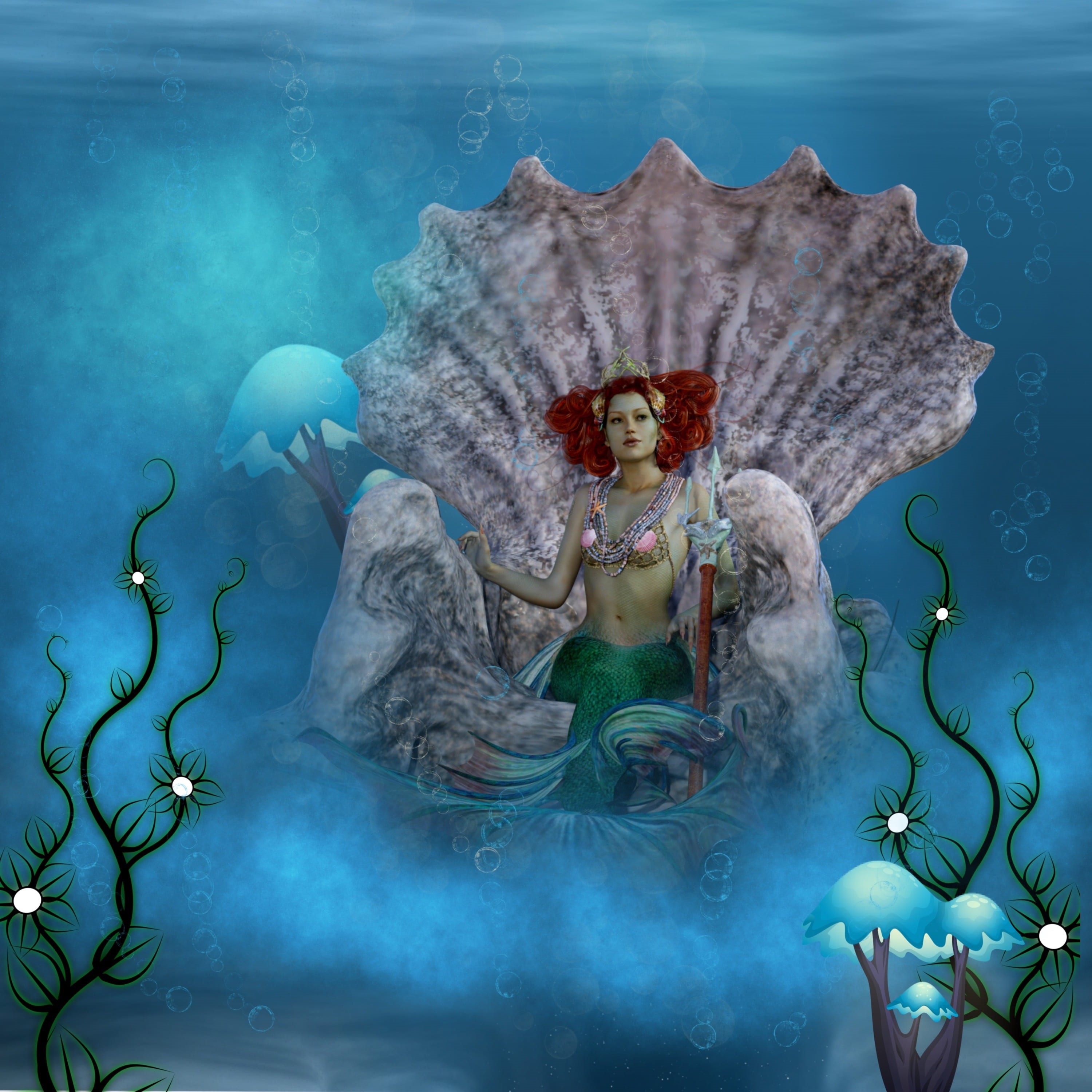 young adult, starfish, disney, women, mood, mermaid, fashion, water, trident, meeresbewohner, nature, queen, throne, dress, underwater, underwater world, Phone HD Wallpaper