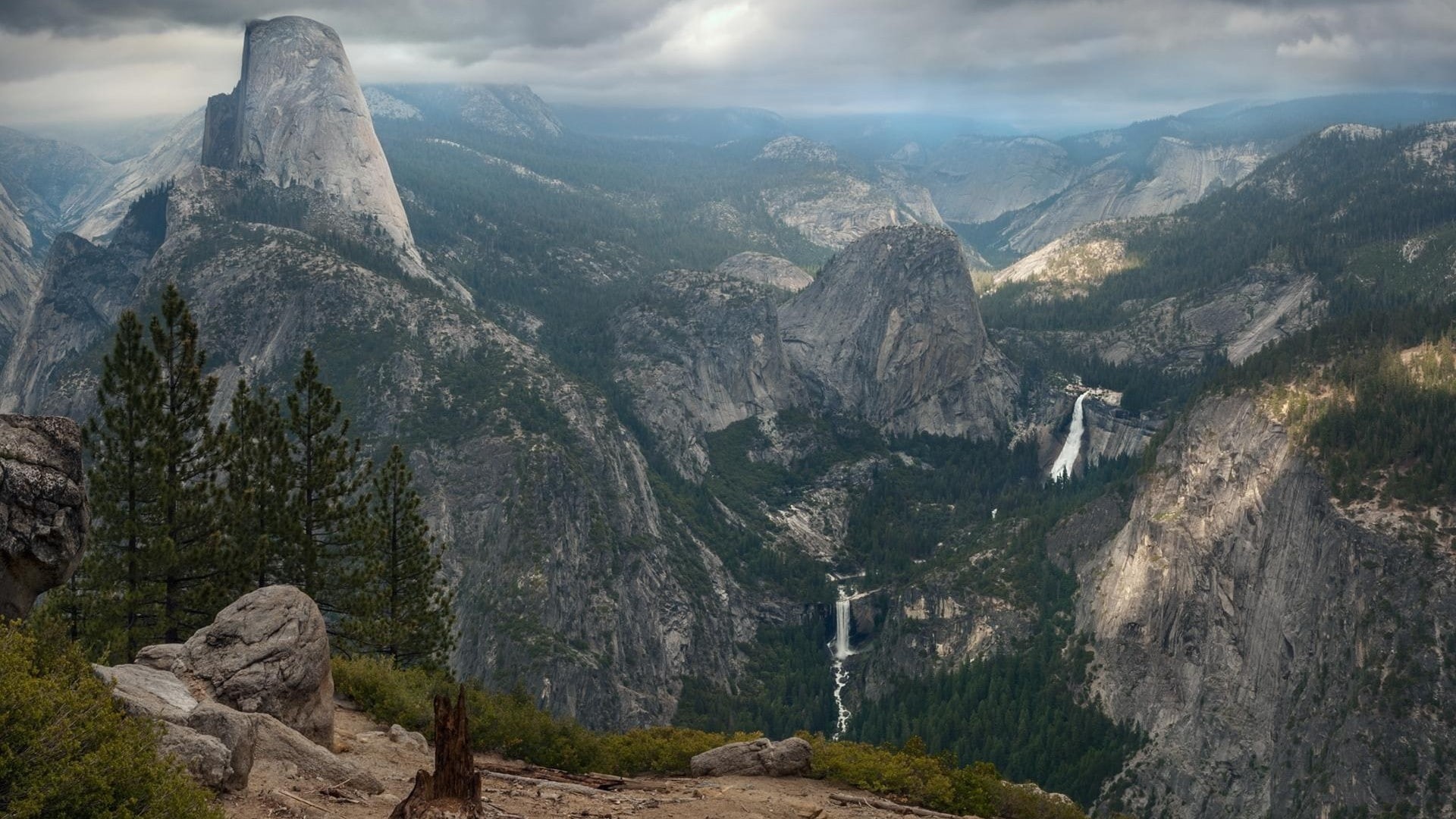 landscape, nature, Yosemite National Park, Half Dome, mountains, forest, tree stump, USA, 1080P, trees, waterfall, rock, clouds, HD Wallpaper