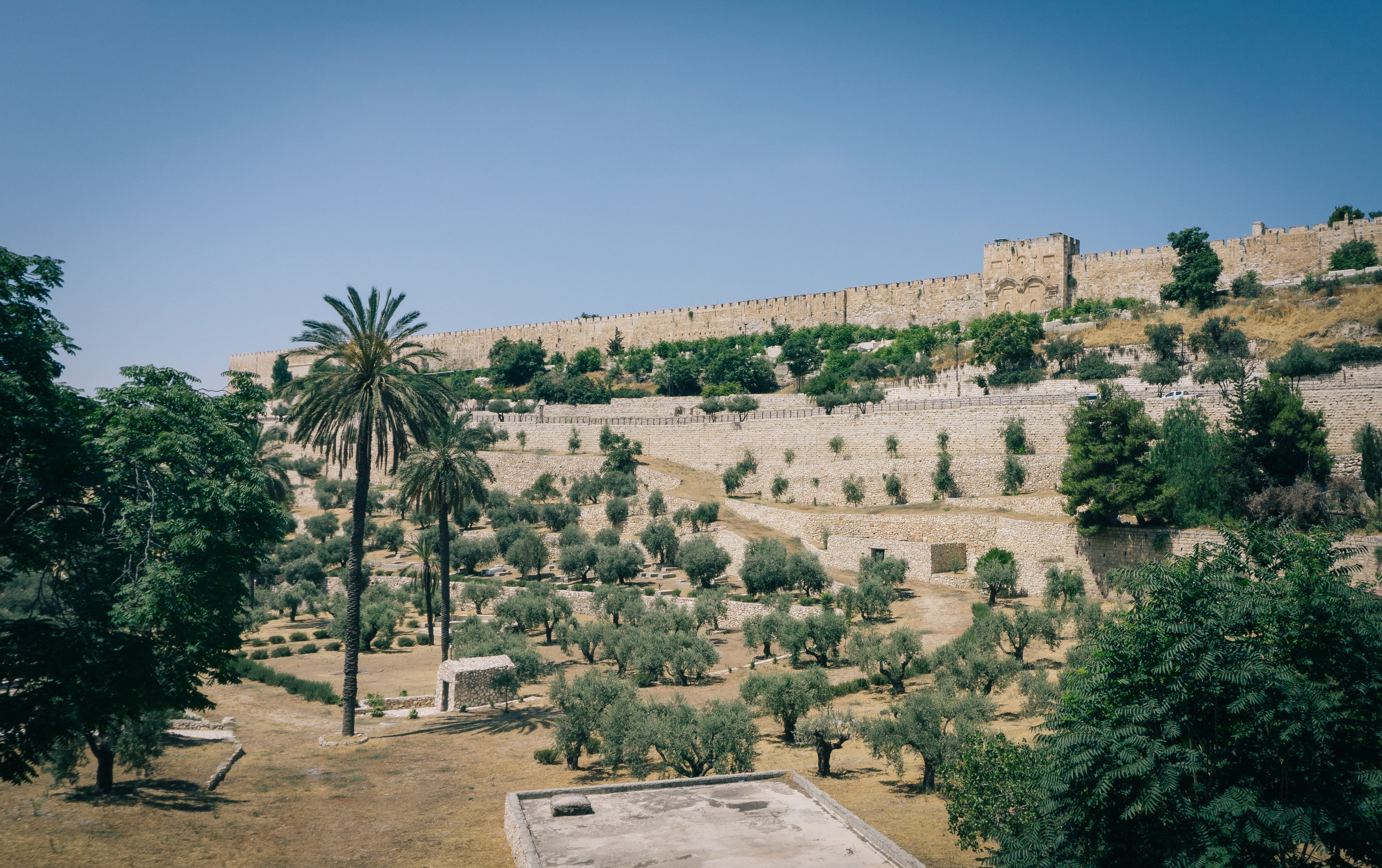 outdoors, kidron valley, blue, wall, sky, tropical climate, sunlight, built structure, nature, architecture, palm tree, 4K, hill, gate, israel, mountain, HD Wallpaper