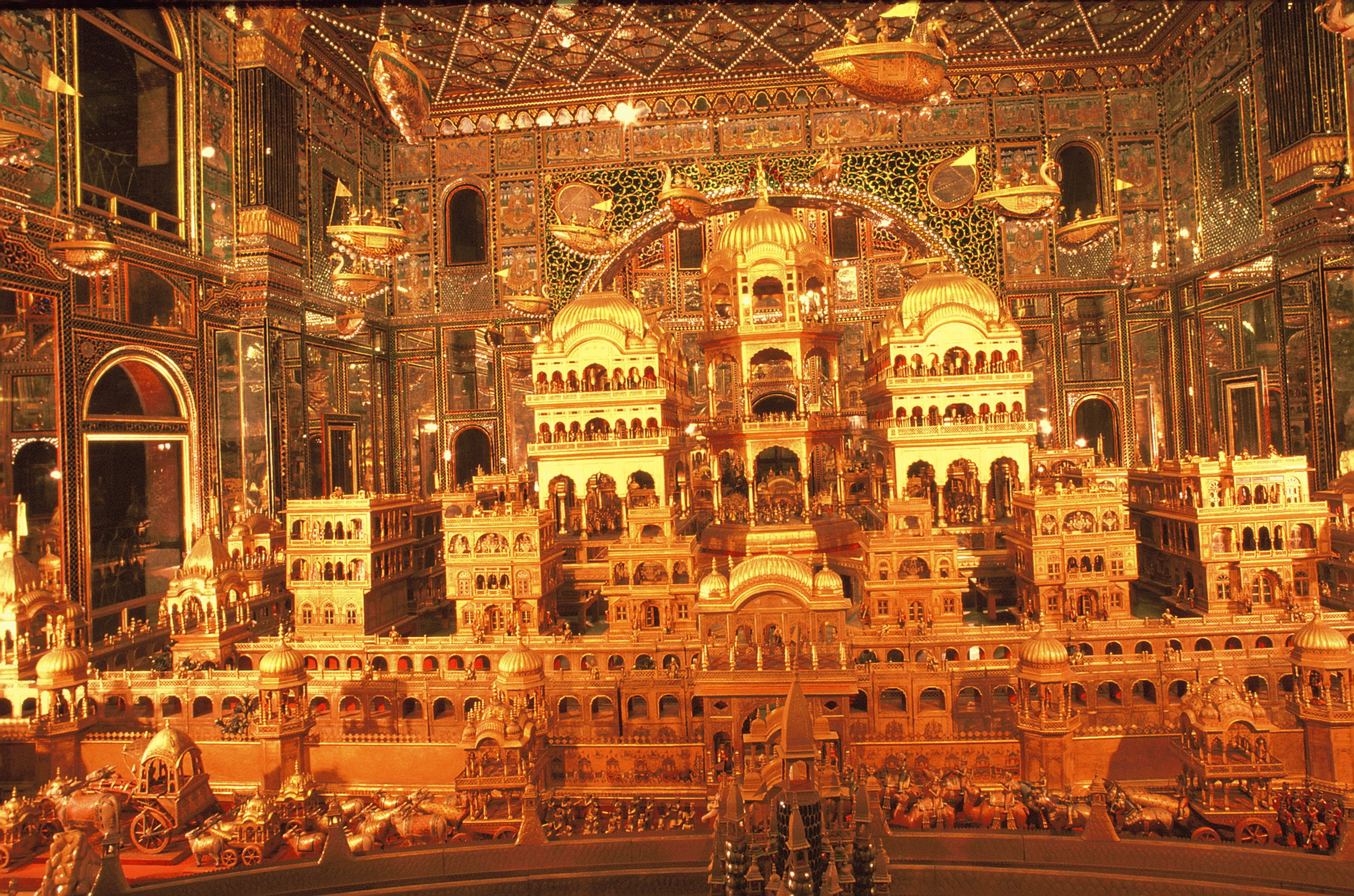 decor, arch, religious, illuminated, Ajmer Jain, India, Temple, golden, night, Nagri, place of worship, incidental people, sacred, Ayodhya, ayodhya nagri, HD Wallpaper