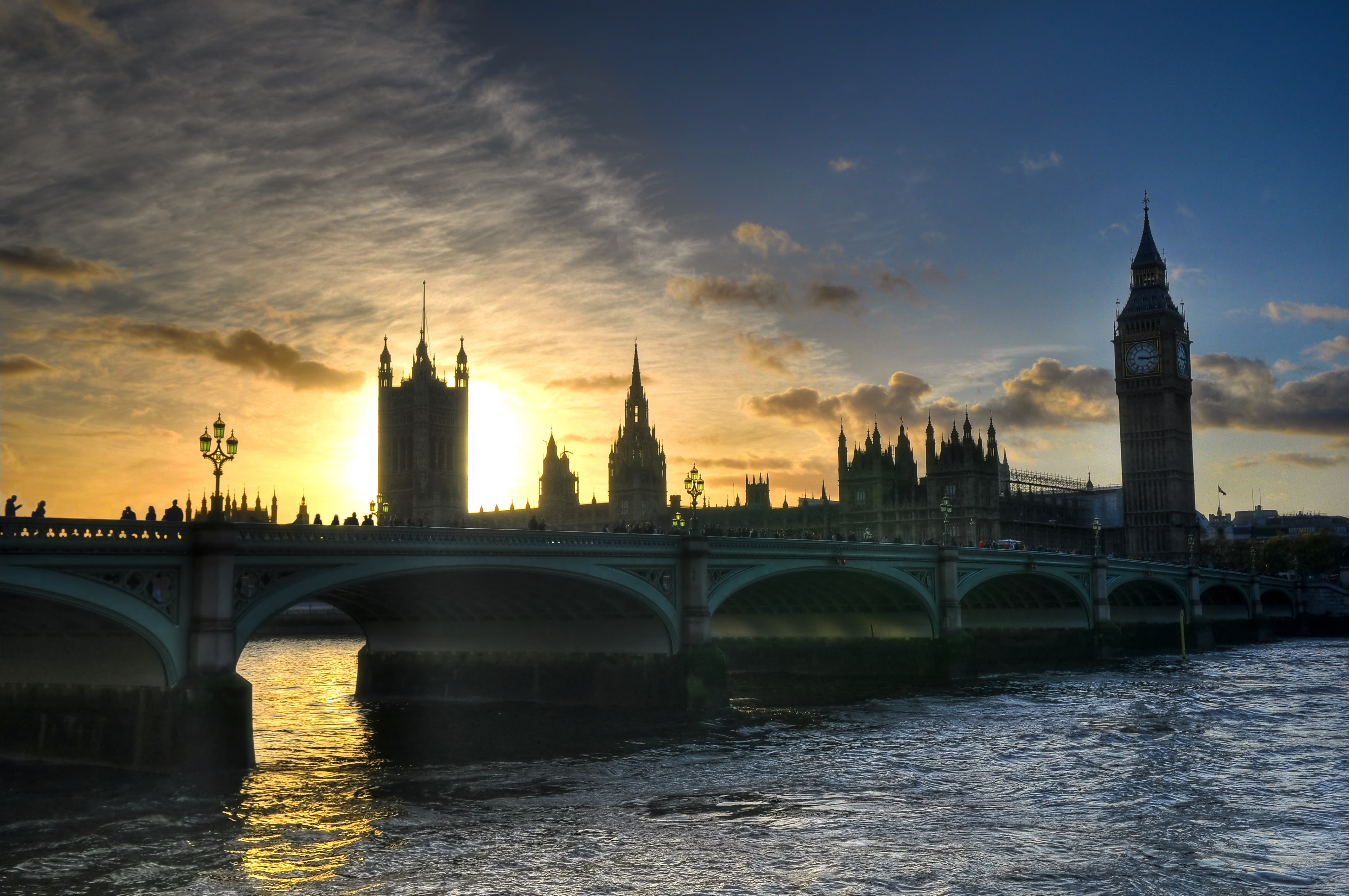 dusk, 4K, Sunset, westminster  parliament, silhouette, nikon, hdr, urban Skyline, polarizer, clouds, big Ben, D90, city Of Westminster, architecture, bridge, HD Wallpaper