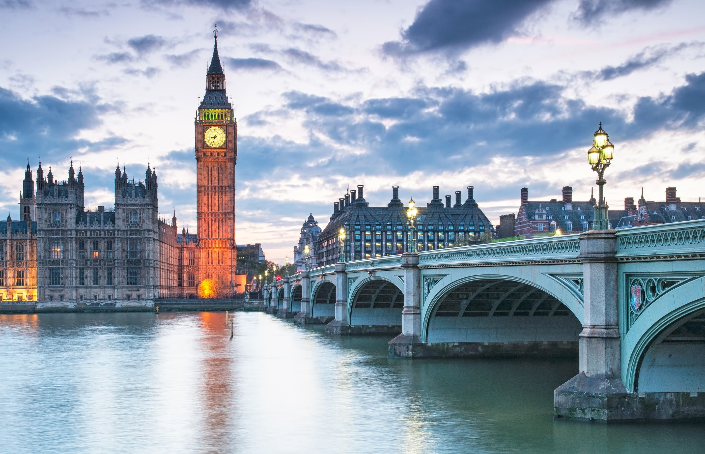 the sky, clouds, Big Ben, home, promenade, watch, morning, lights, Thames, tower, bridge, London, 2K, England, river, HD Wallpaper