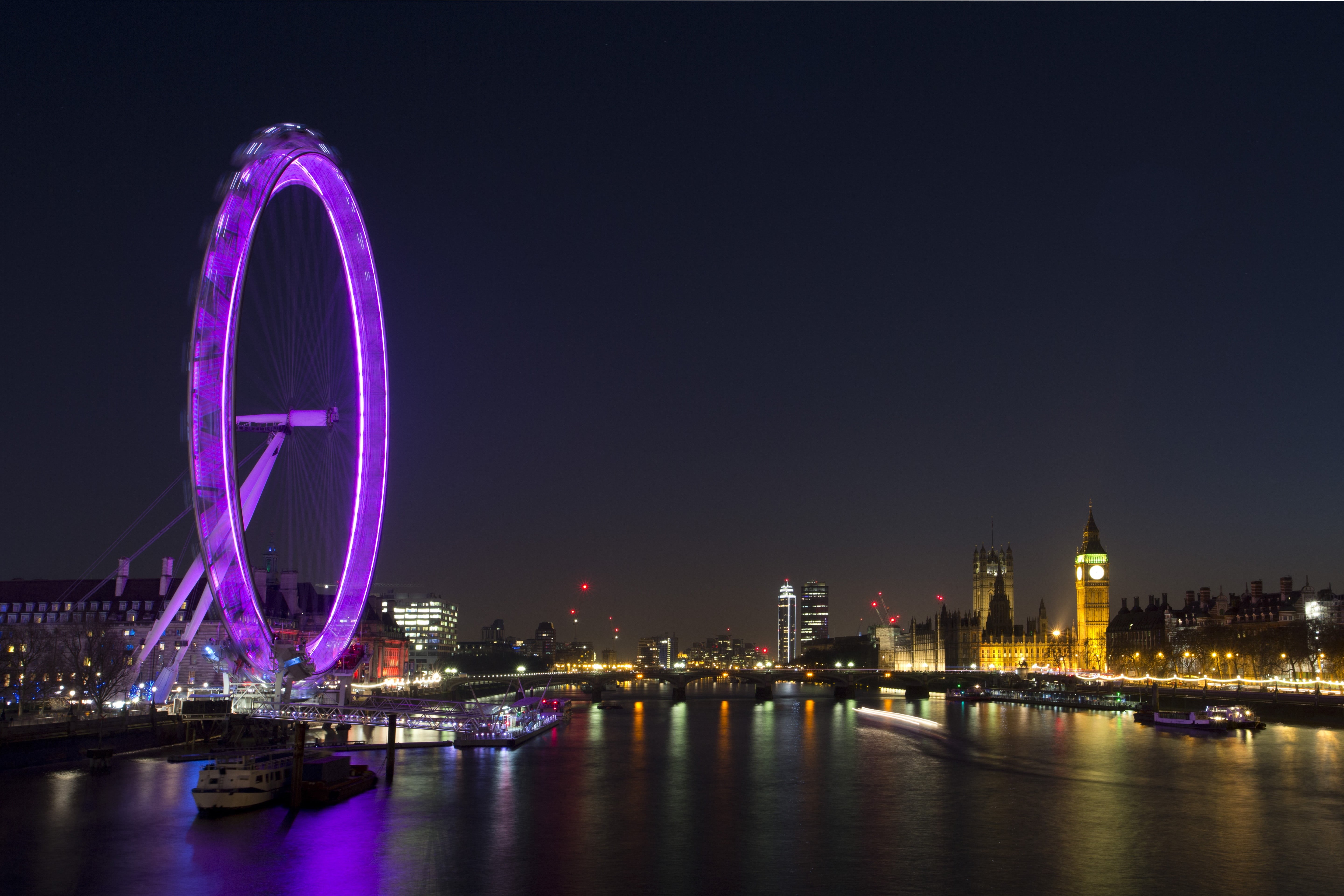 city, 5K, london, nightlife, night, dock, arts culture and entertainment, tower, pier, building, reflection, building exterior, office building exterior, HD Wallpaper
