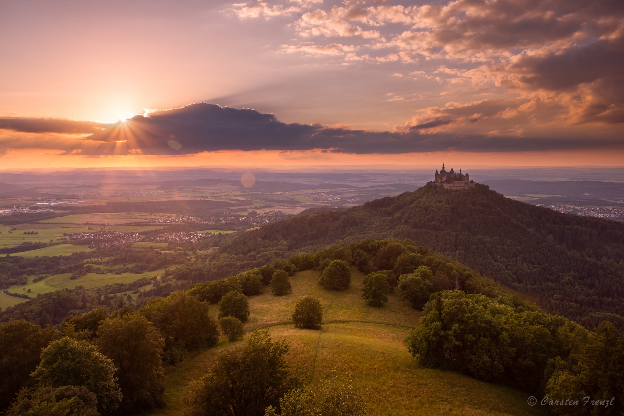 sunrise - Dawn, outdoors, sun, europe, Burg  Hohenzollern, background, hill, germany, tree, schwäbische  alb, black, black and blue, nature, blue skies, HD Wallpaper