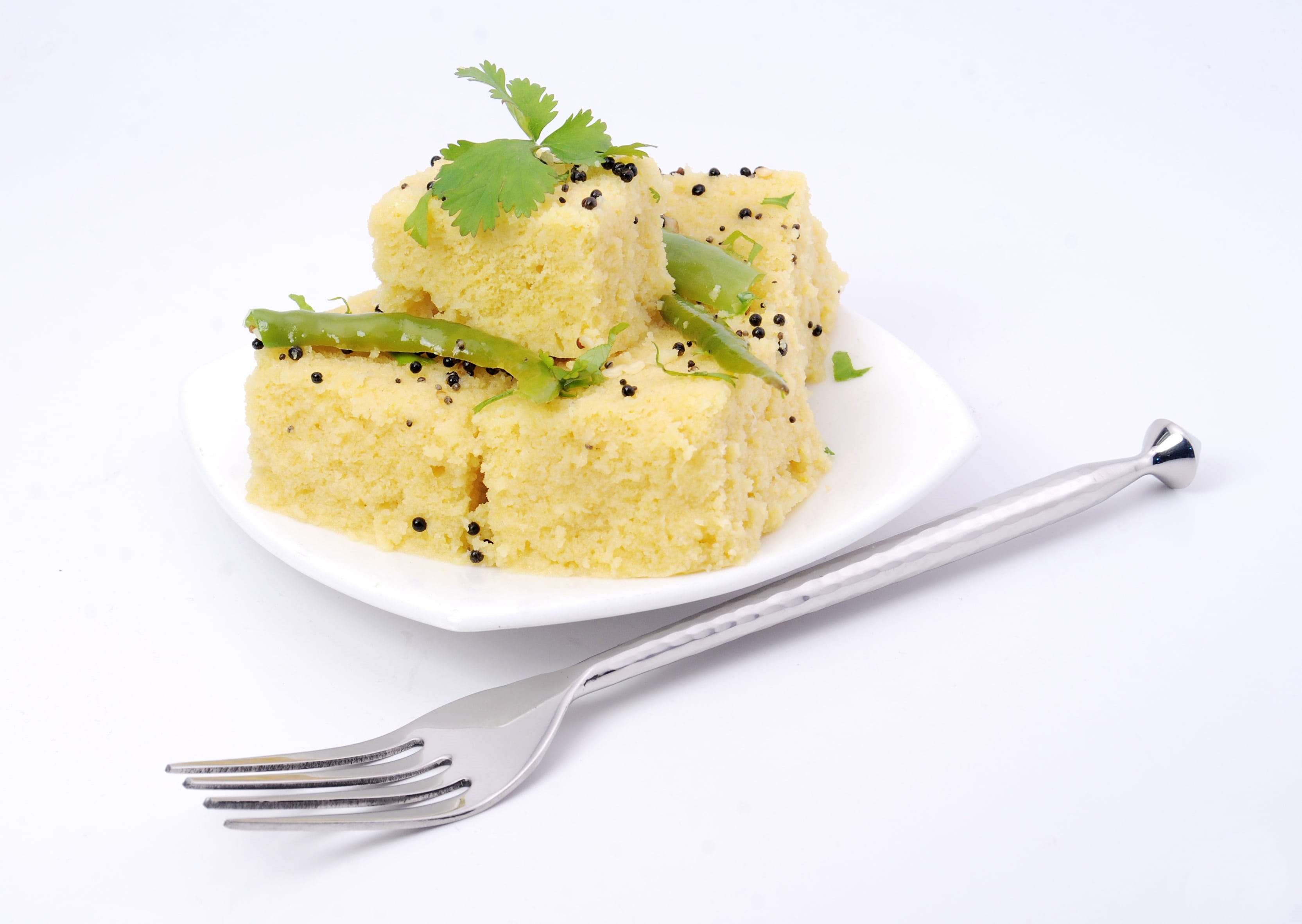 healthy eating, dhokla, studio shot, gujarat, ready-to-eat, herb, dairy product, white color, eating utensil, no people, fork, plate, freshness, spoon, HD Wallpaper