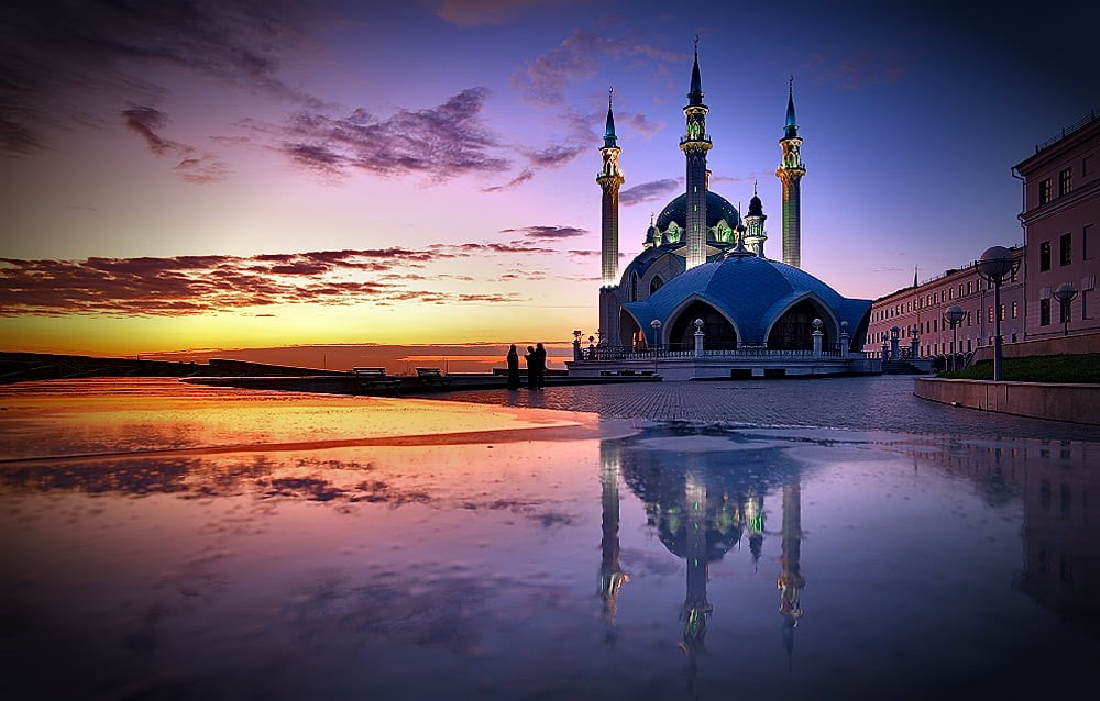 muslim, travel, blue, architecture, belief, sky, mosque, tourism, reflection, building exterior, place of worship, 480P, water, concrete, nature, religion, HD Wallpaper