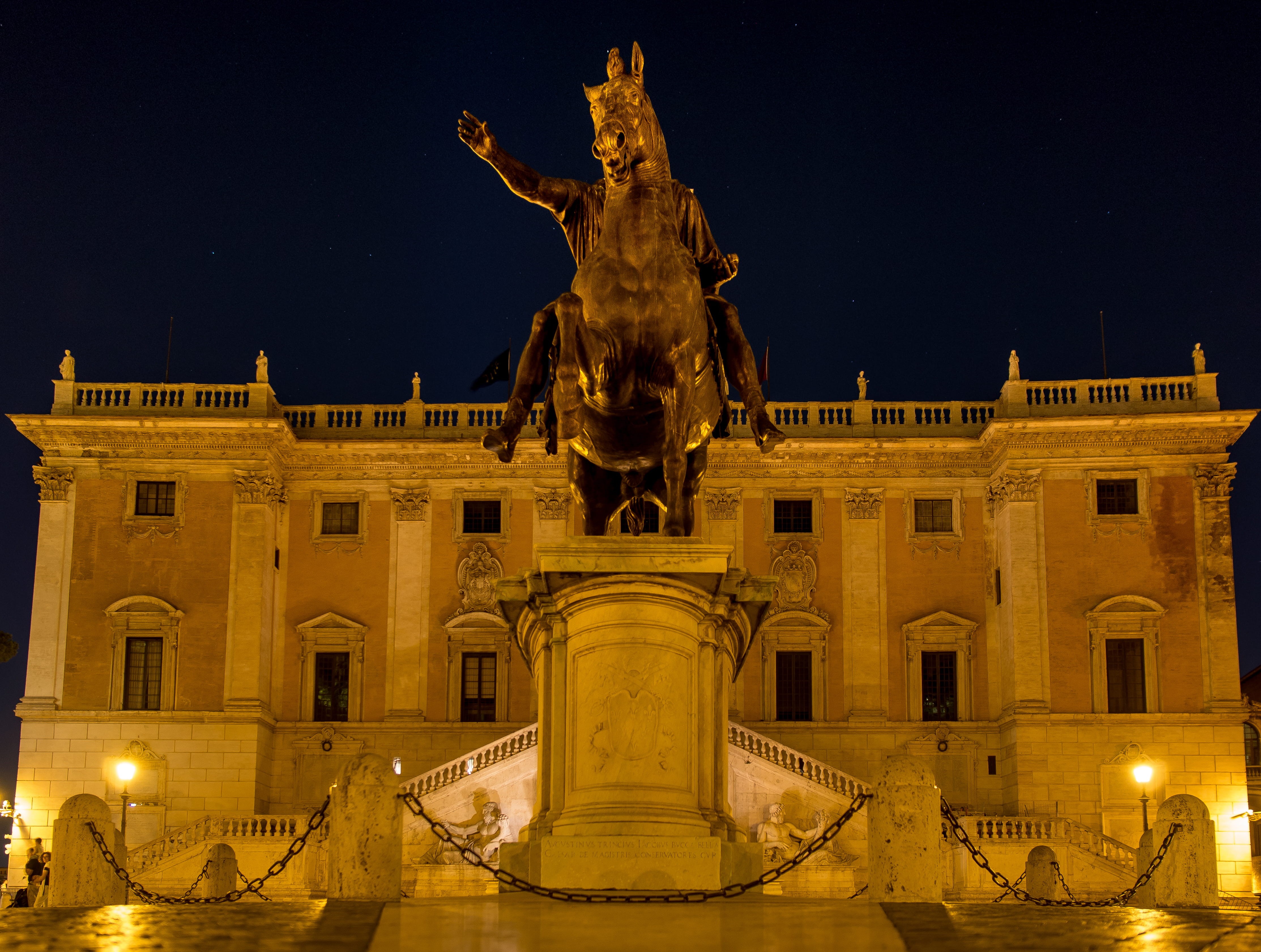 sculpture, architectural column, the past, sky, rome, night, representation, illuminated, art and craft, no people, bronze, 4K, staute, built structure, HD Wallpaper