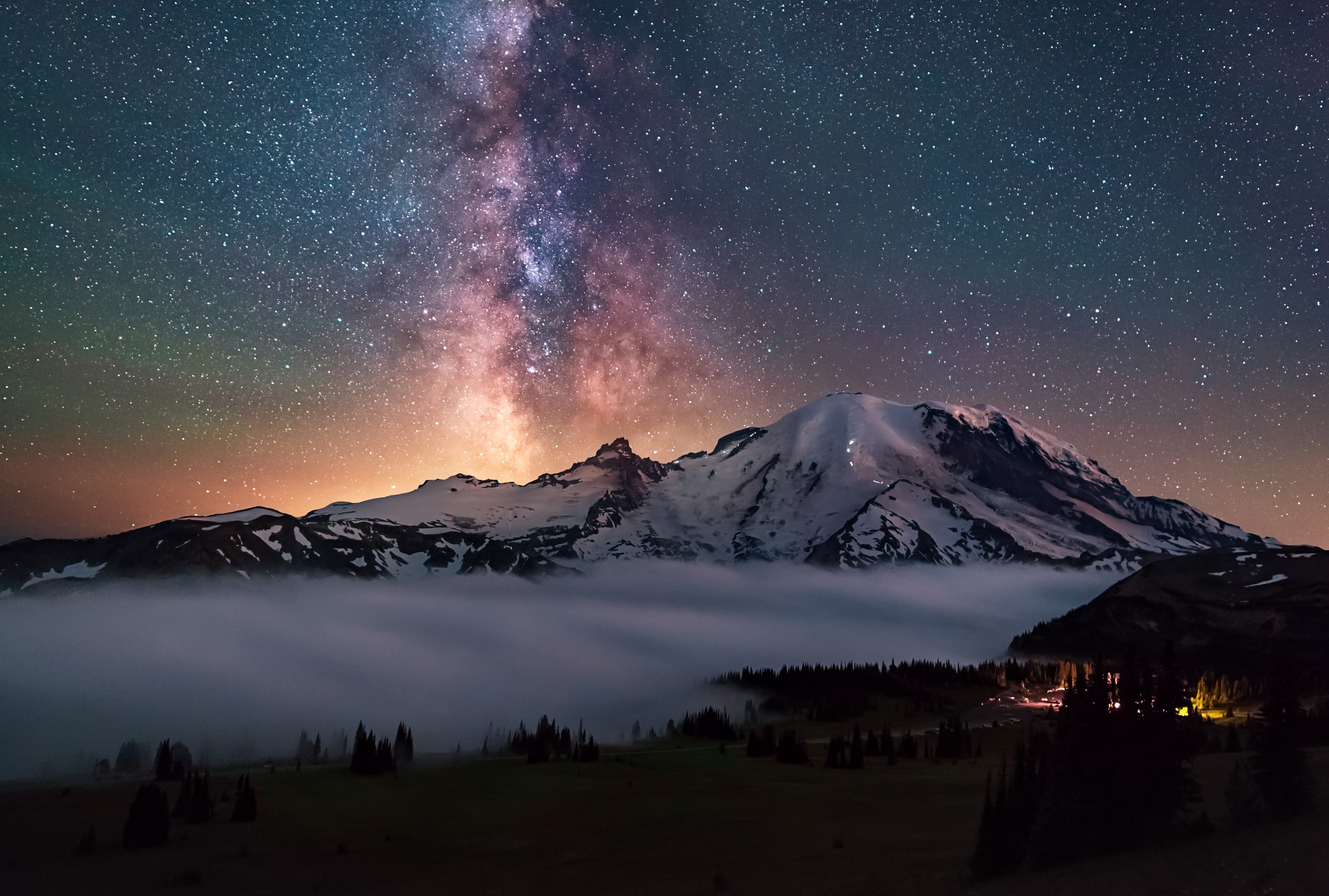 the milky way, stratovolcano, beauty in nature, mountain peak, 1080P, milky way, the sky, snowcapped mountain, space, lights, The cascade mountains, mountain, HD Wallpaper