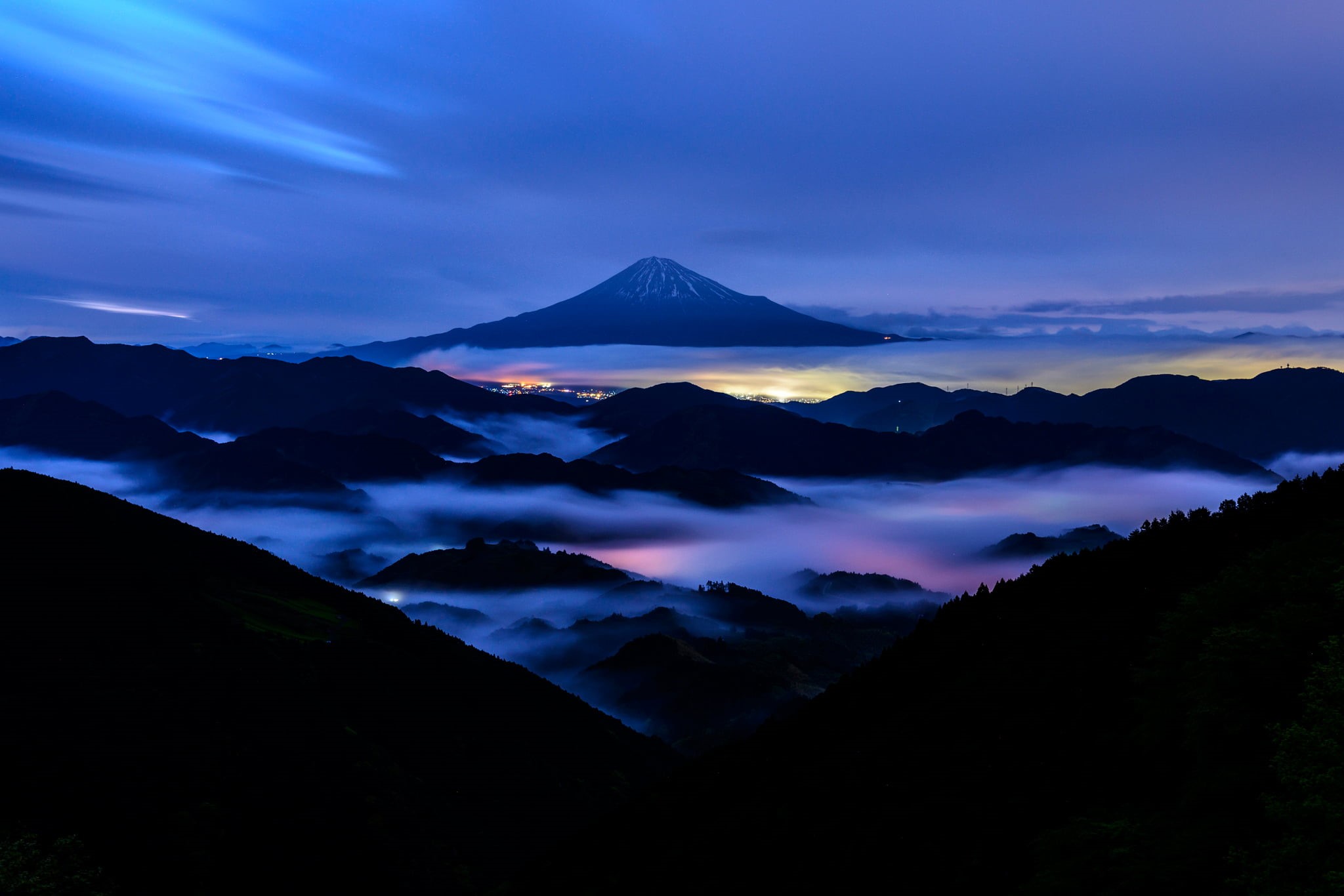 cloud - sky, silhouette, night, tranquil scene, scenics - nature, 1080P, landscape, the evening, Mount Fuji, tranquility, environment, no people, mountain peak, HD Wallpaper