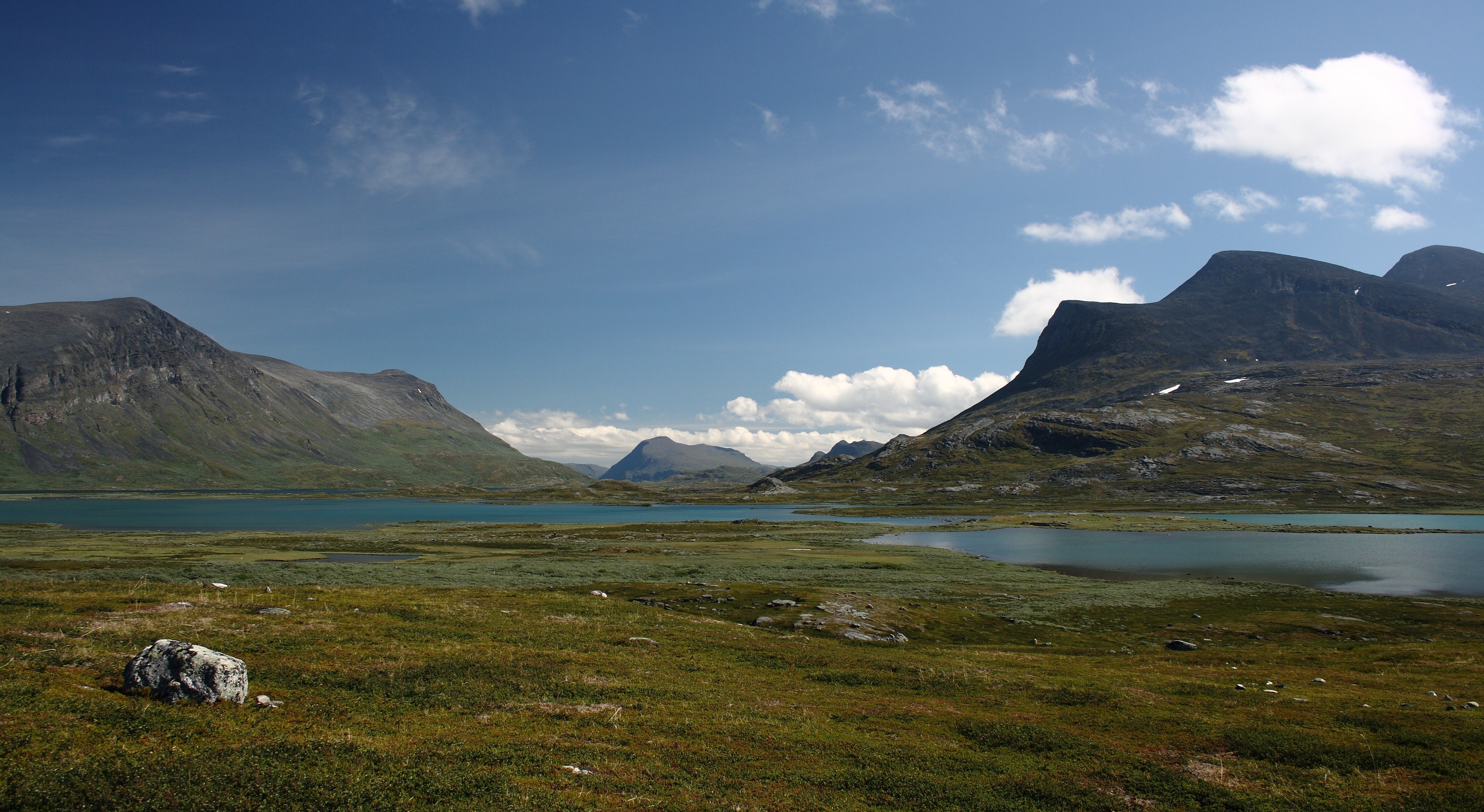 sweden, nature, beauty in nature, iceland, mountain peak, grass, tranquility, water, mountain range, wasteland, kungsleden, blue, mountains, tranquil scene, HD Wallpaper