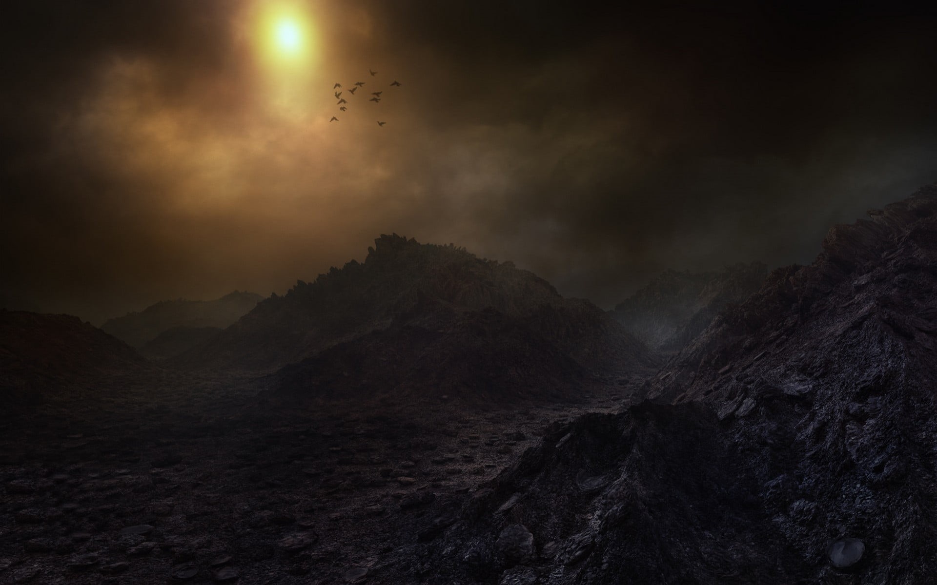 flying, birds, dark, solid, environment, mountain range, non-urban scene, rock, digital, clouds, outdoors, scenics - nature, night, sky, rock - object, HD Wallpaper