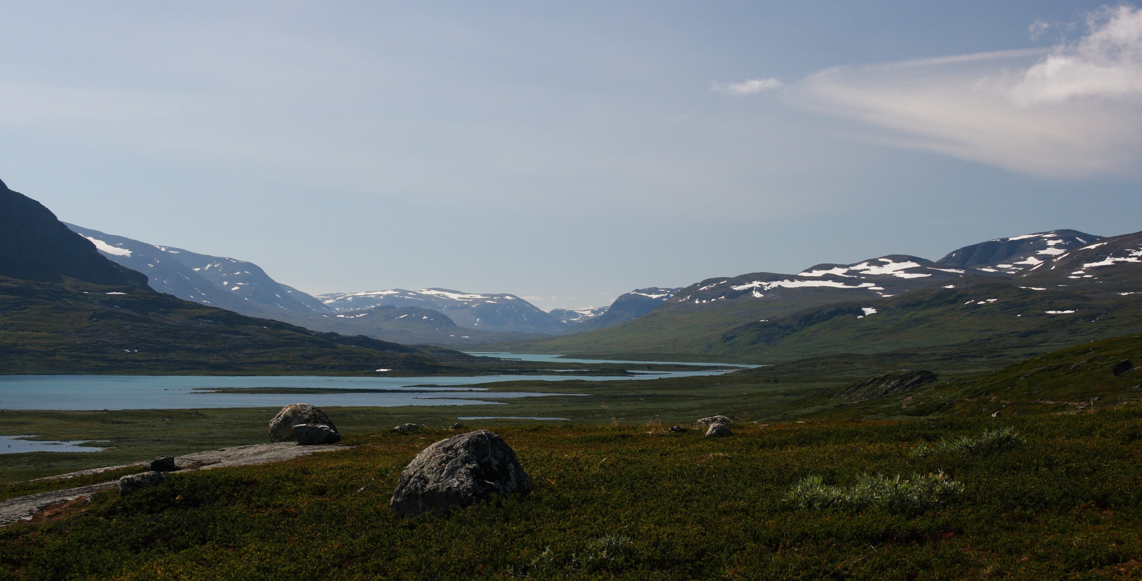 cold temperature, landscape, sky, kungsleden, snow, snowcapped mountain, wasteland, water, cloud - sky, beauty in nature, sea, grass, land, outdoors, animal wildlife, HD Wallpaper