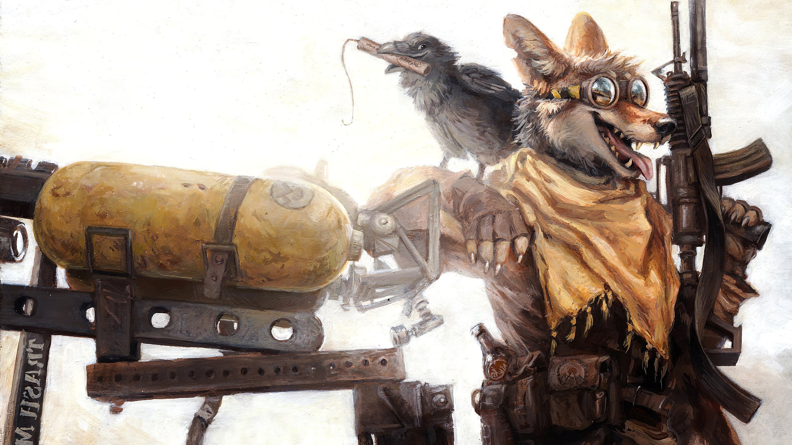 wasteland, furry, crow, 2K, coyote, apocalyptic, raven, goggles, dynamite, gun, HD Wallpaper