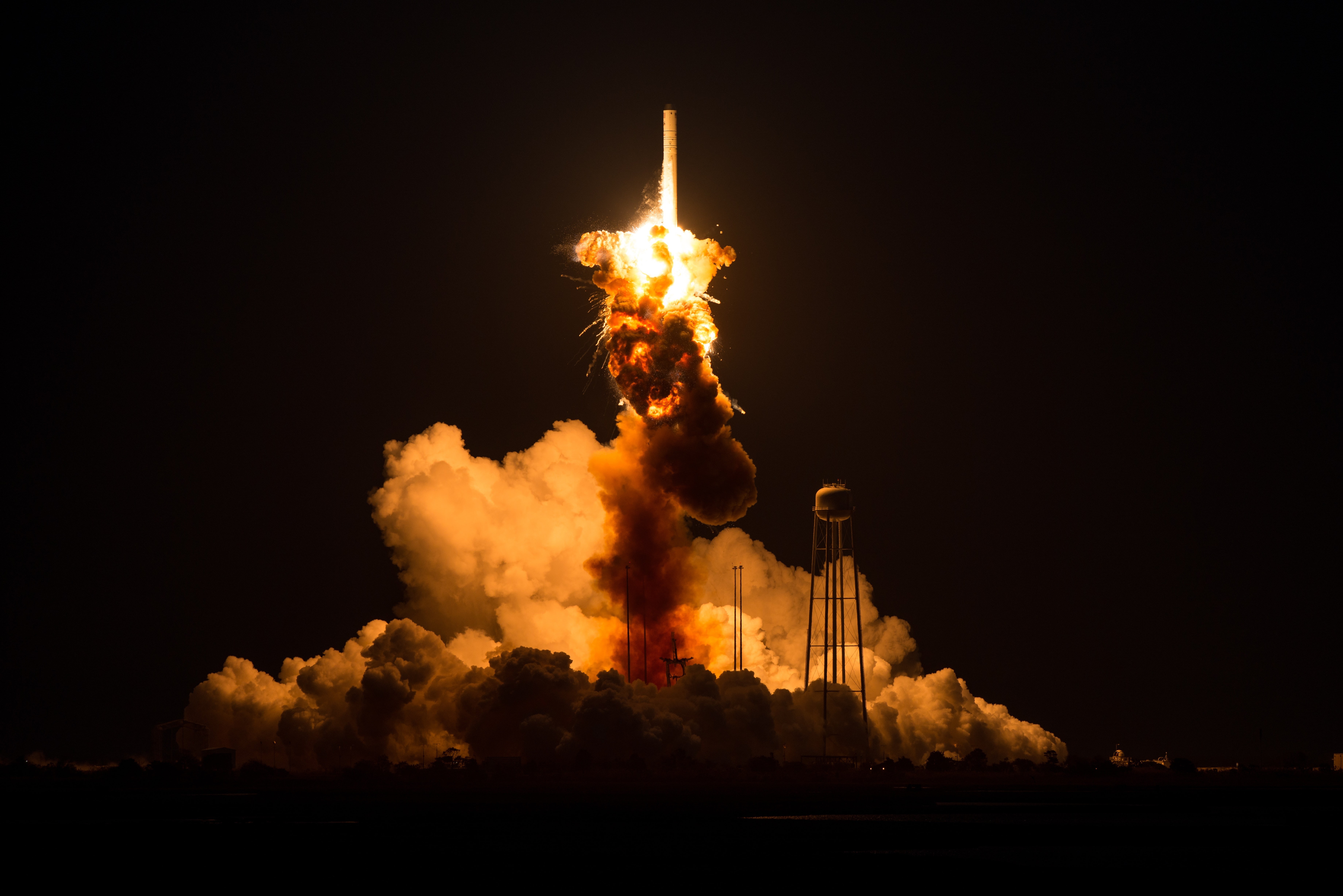 dark, motion, no people, OrbitalATK, flame, military, exploding, Antares, launching, fire - natural phenomenon, warning sign, nature, heat - temperature, HD Wallpaper