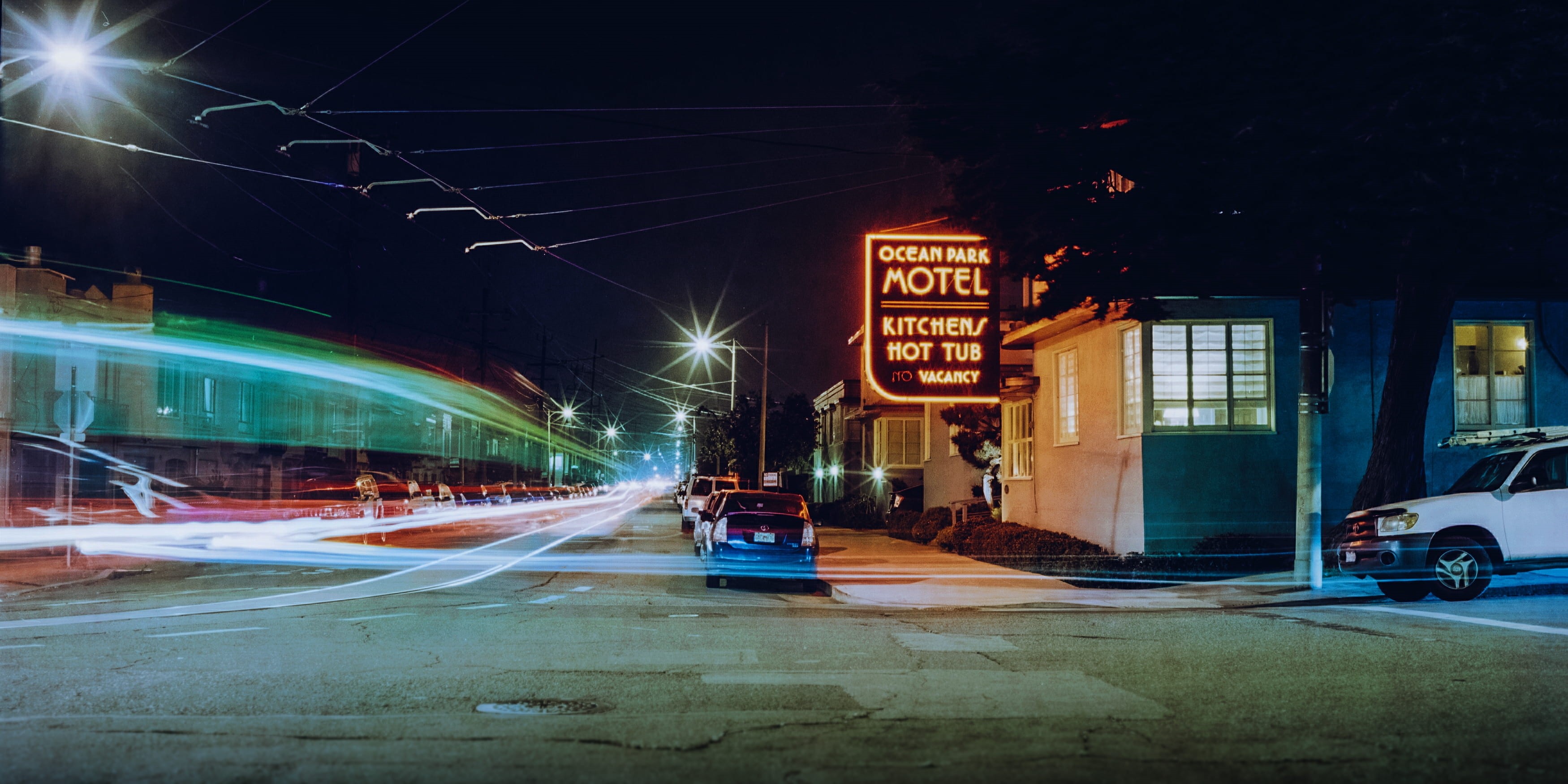 car, cars, light, street, streetscape, motion, text, illuminated, architecture, film, long exposure, office building exterior, muni, neon, no people, skyscraper, HD Wallpaper
