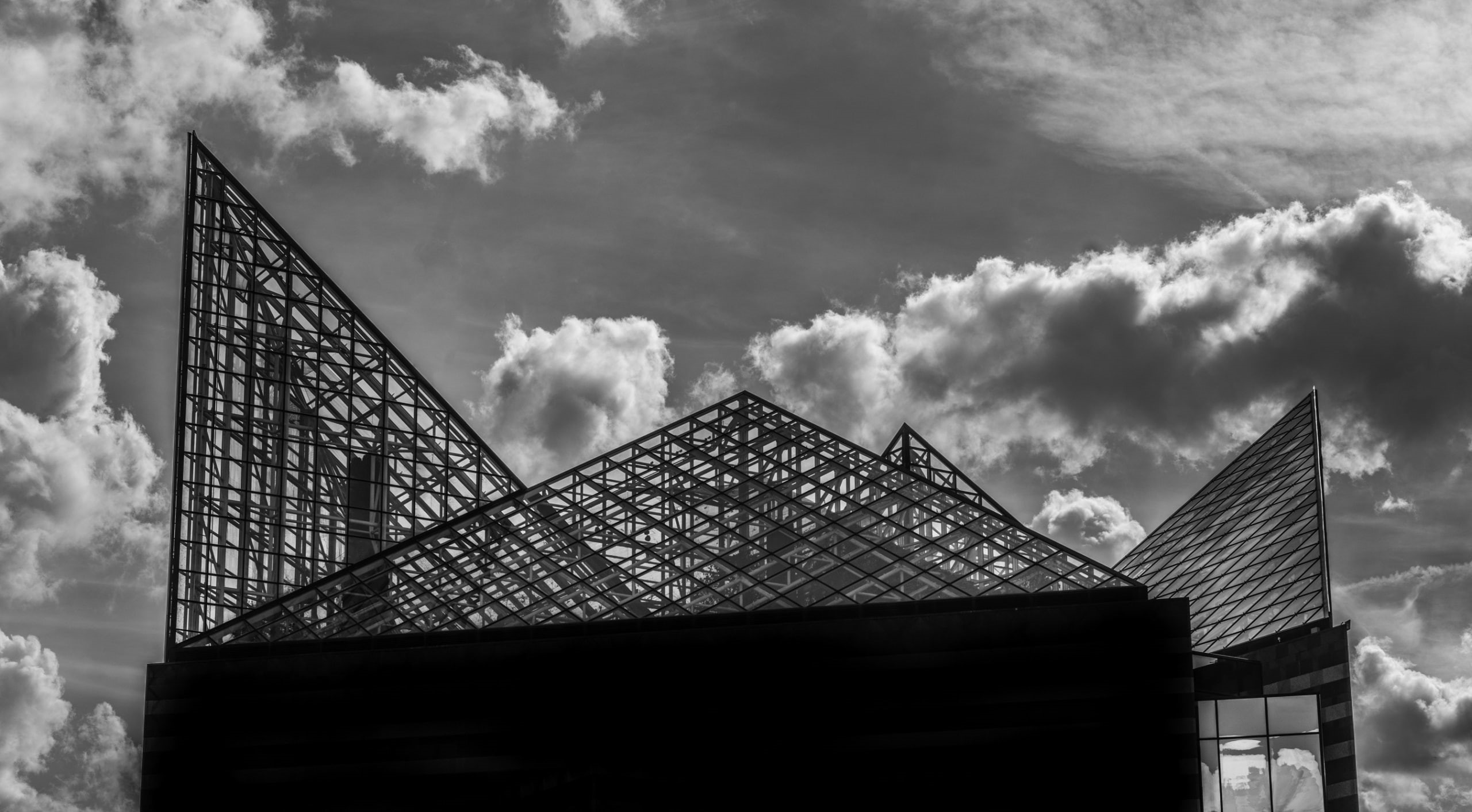 sky, day, hdr, building, triangle shape, travel destinations, aquarium, 2K, cloud - sky, pattern, angle, art and craft, top, city, pyramid shape, Architecture, HD Wallpaper