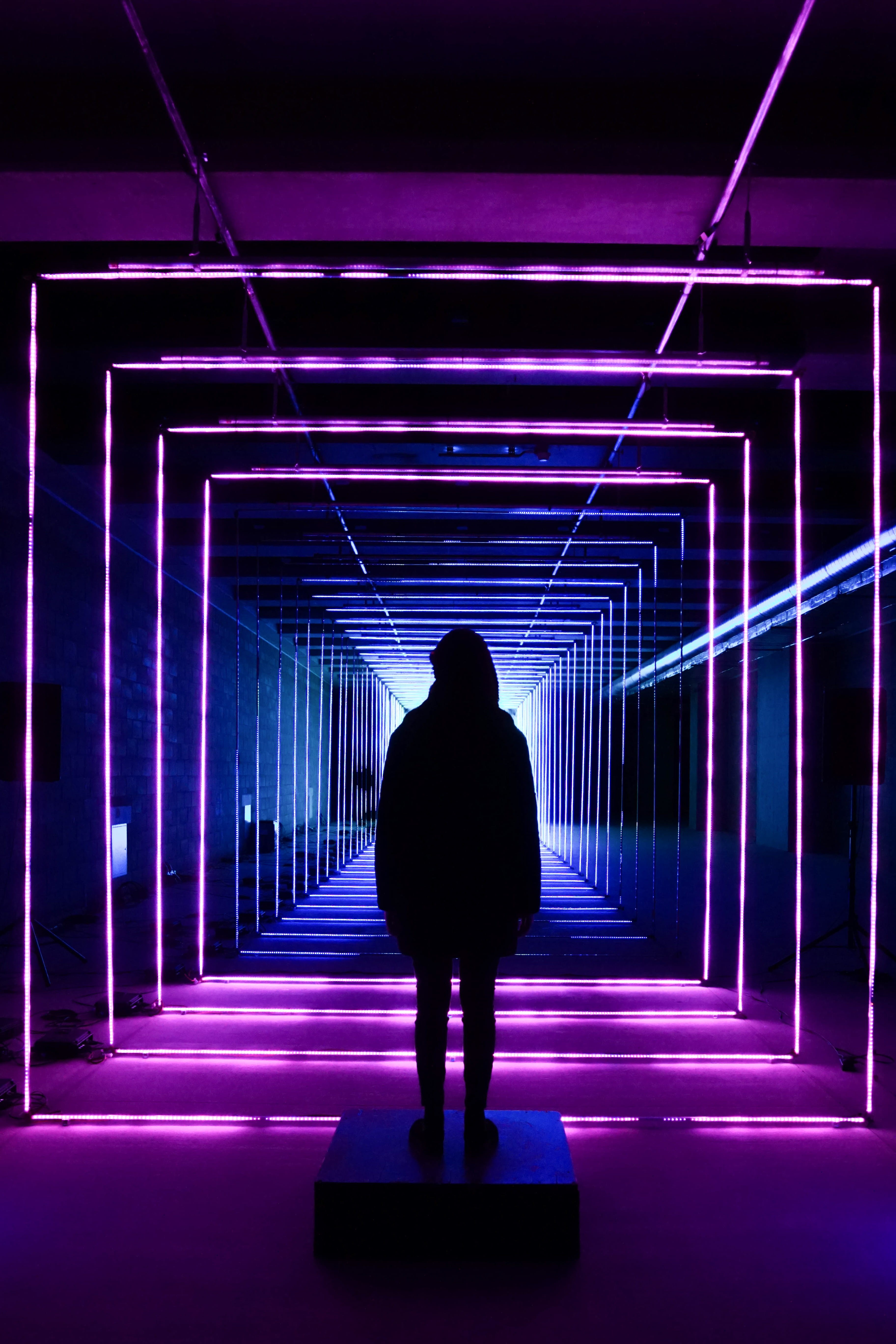 adult, led lights, corridor, photo, men, purple, symmetrical, indoors, perspective, standing, full length, neon, one person, walking, silhouette, backlit, Phone HD Wallpaper