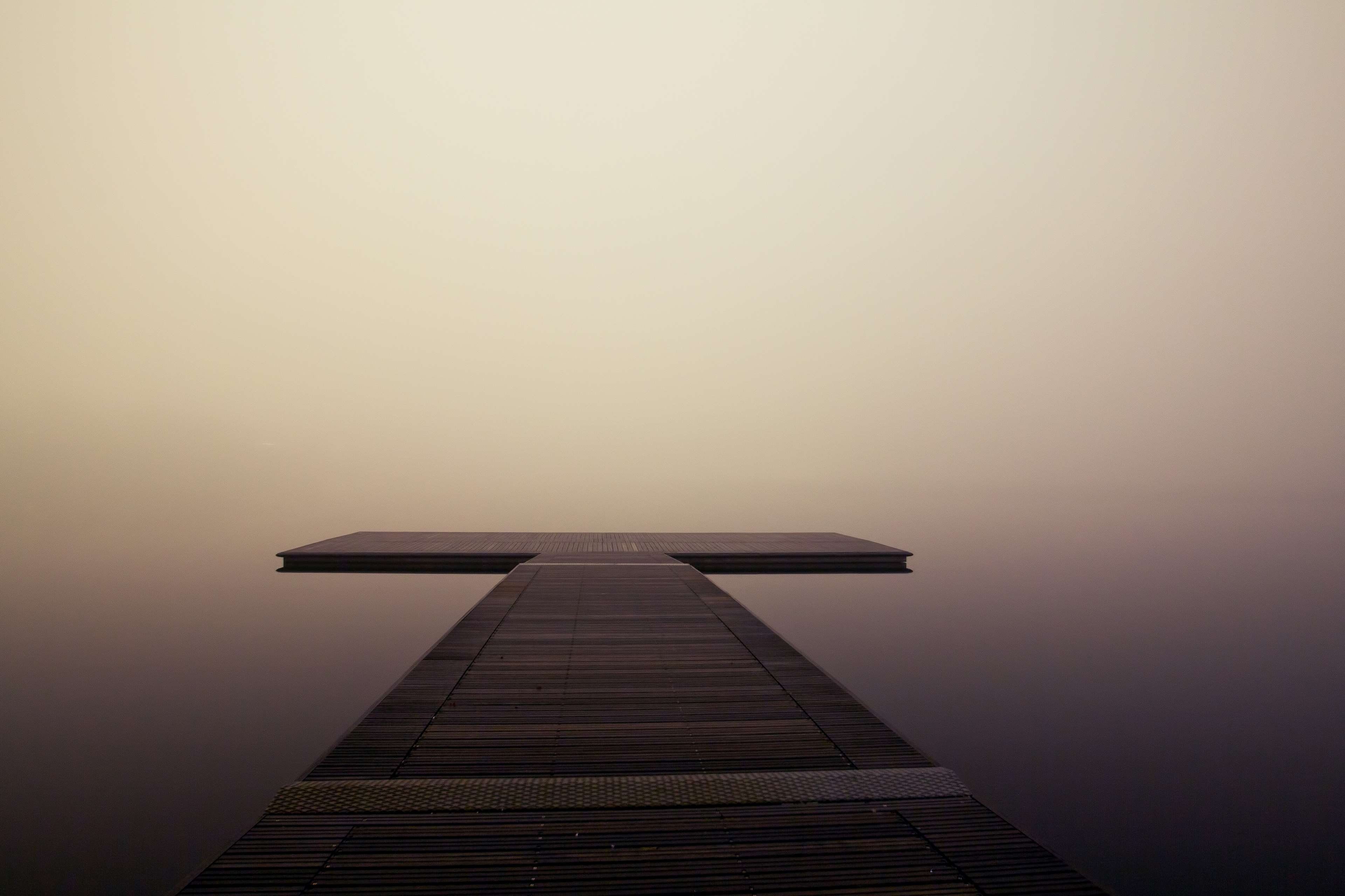 silhouette, direction, 4K, clear sky, building exterior, jetty, low angle view, outdoors, tranquil scene, tranquility, foggy, nature, symmetrical, lake, HD Wallpaper