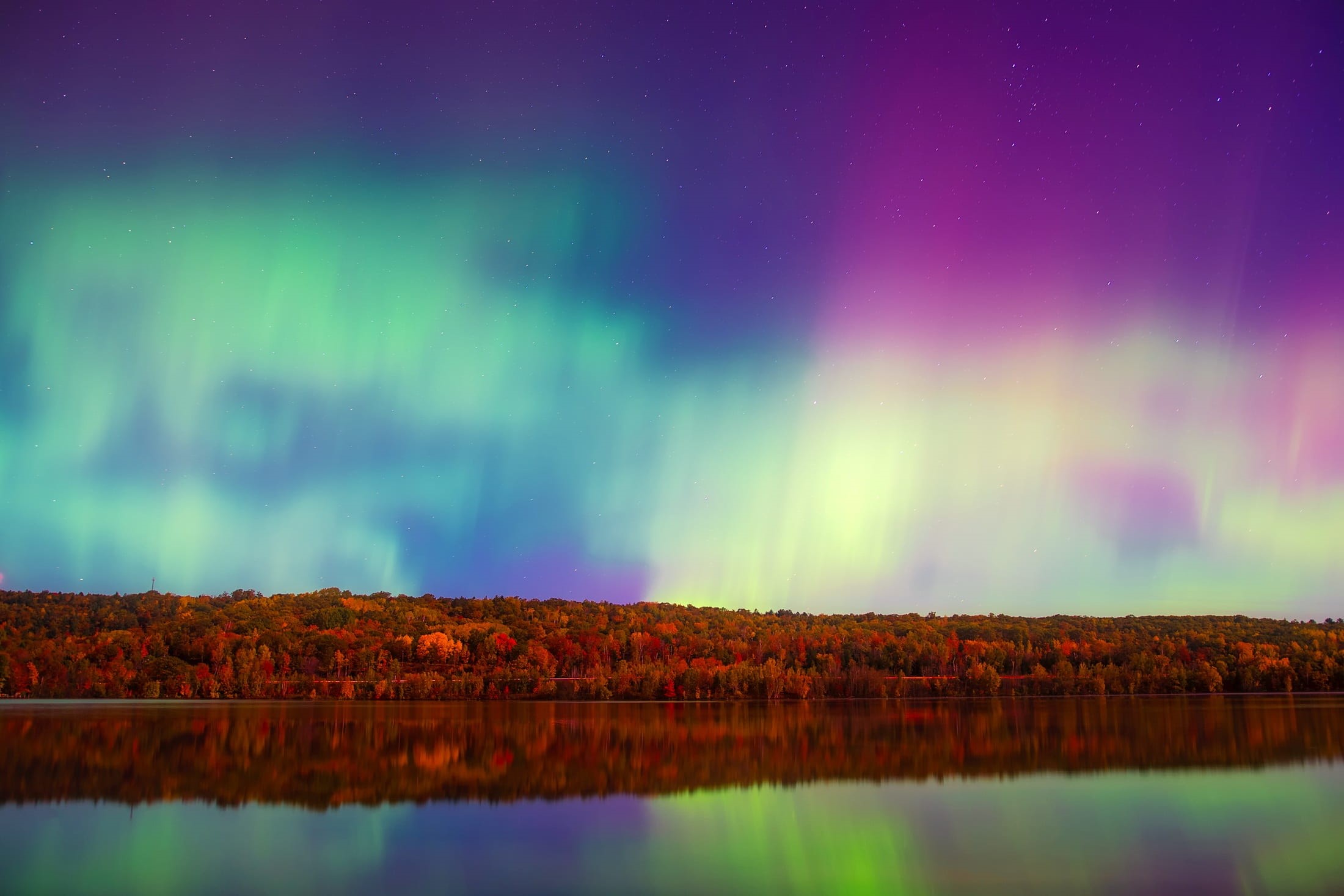 autumn, beauty in nature, nature, water, star - space, reflection, shot, scenics - nature, power in nature, purple, scenic, sky, aurora polaris, atmosphere, HD Wallpaper